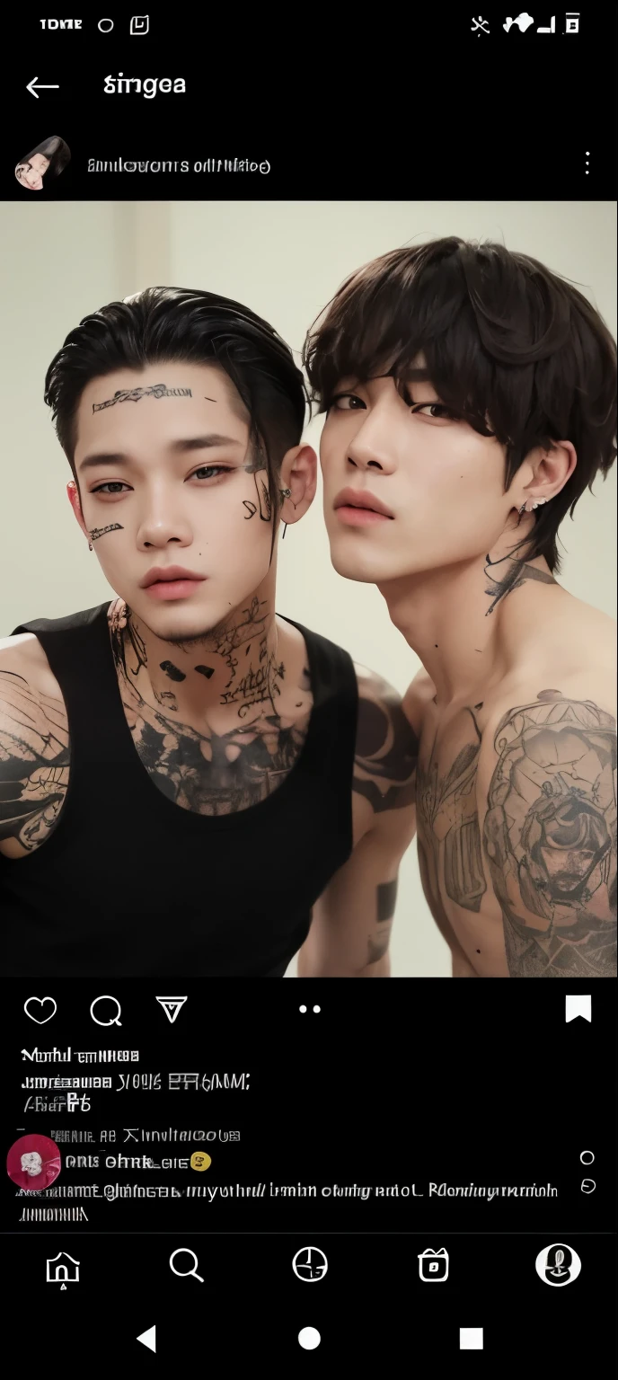 a close up of two men with tatuagens on their faces, Kim Taehyung & Park Jimin, inspirado em Kim Taehyung & jimin do grupo BTS, Tatuagens, tatuagens, facial tatuagens, ANDRÓGENOS, andrógenos, rosto normal