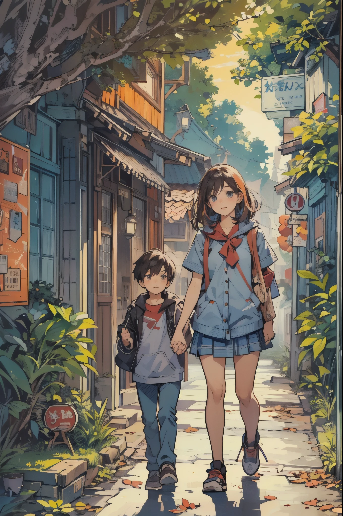 "Young busty  single mom with her  son, holding hands and walking to school, in a high-detail colored manga style masterpiece, vibrant and dynamic, capturing a slice-of-life scene, intricate details highlighting their expressions and surroundings, wide shot, art style inspired by top manga artists on ArtStation and DeviantArt, resolution 8K, (manga style:1.5), (slice-of-life:1.3), (vibrant colors:1.25), (ArtStation:1.2), (DeviantArt:1.2)"
