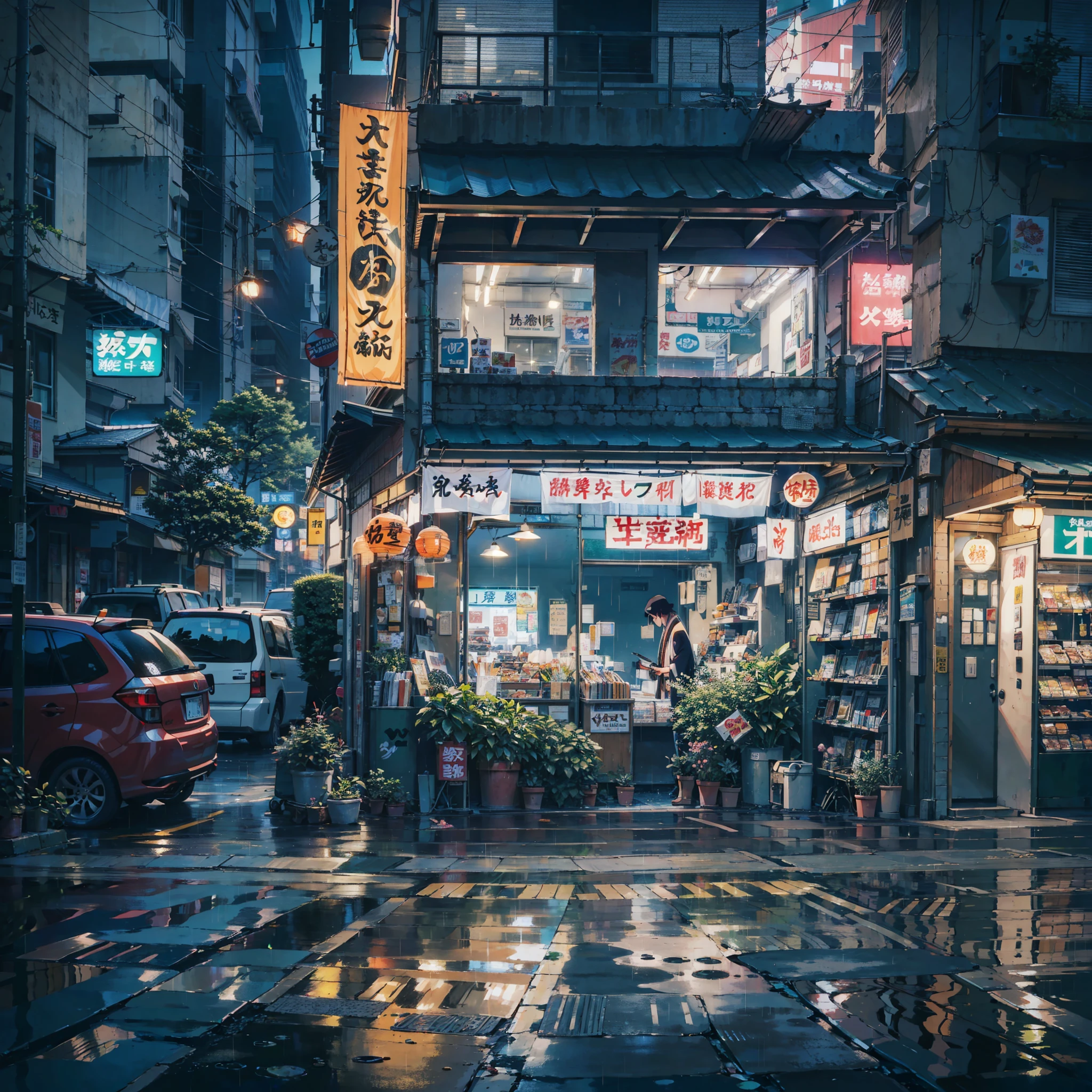 Modern Tokyo skyscrapers at night, reflection on the river, futuristic city lights, sleek and minimalist architecture, cyberpunk vibes, neon-soaked cityscape. no one in sight, no people, best quality, anime, anime style, lofi, anime background, anime wallpaper, anime, anime style, lofi, lofi style, modern japanese street, modern japanese architecture, japanese convenience store, big retro japanese shop signs, retro japanese store, trees, plants, rocks, plant pots, shop signs, japanese banners, japanese signs, flags, empty street, no one in sight, (no one: 1), (realistic,photorealistic:1.37), narrow anime street, urban, compact, masterpiece, high details, best quality, super detail, high quality, narrow japanese urban alleyway, japanese shop signs, japanese signs, japanese banners, banners, plant pots, plants, trees, grass, cobble path, trash cans, nigh time, dark, street lights,, air vents, gutters, telephone wires, wires, cables, air ventilation systems, lanterns, rain, raining, heavy rain, dramatic weather, puddles on the floor, rain falling from the sky, rain drops, best quality, masterpiece,