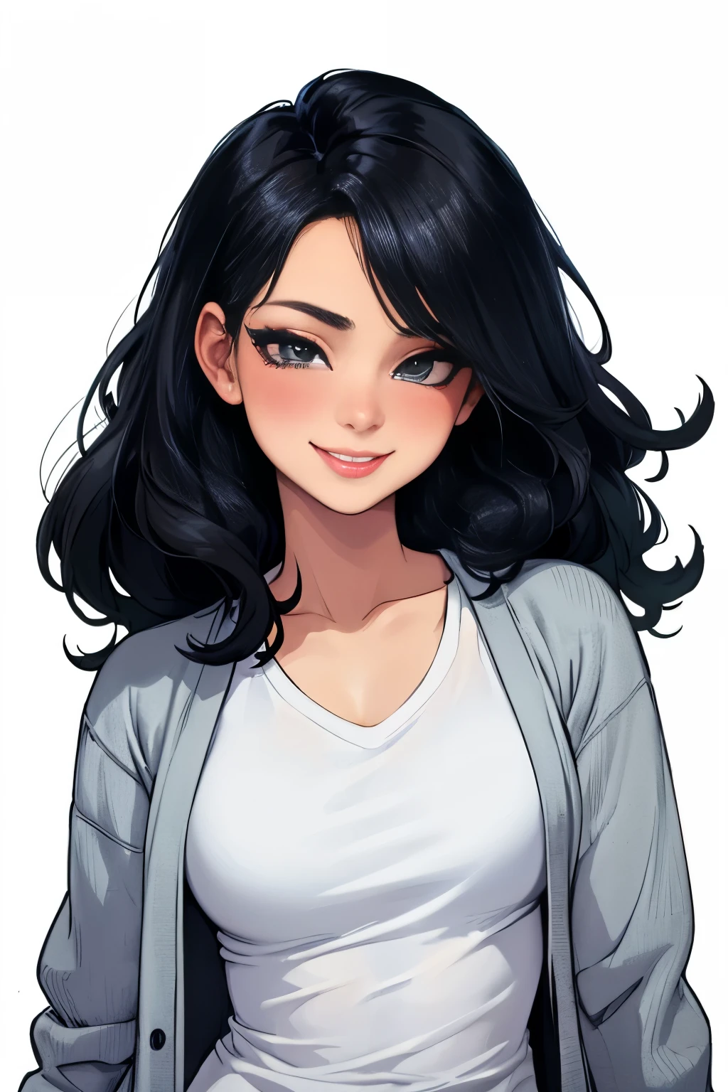 Amazing portrait of a sexy woman wearing her long straight luscious black hair, seductively gazing and smiling, soft lips, parted, blushing intensely, smiling, white t shirt, grey cardigan, baggy jeans, medium chest, perfect body