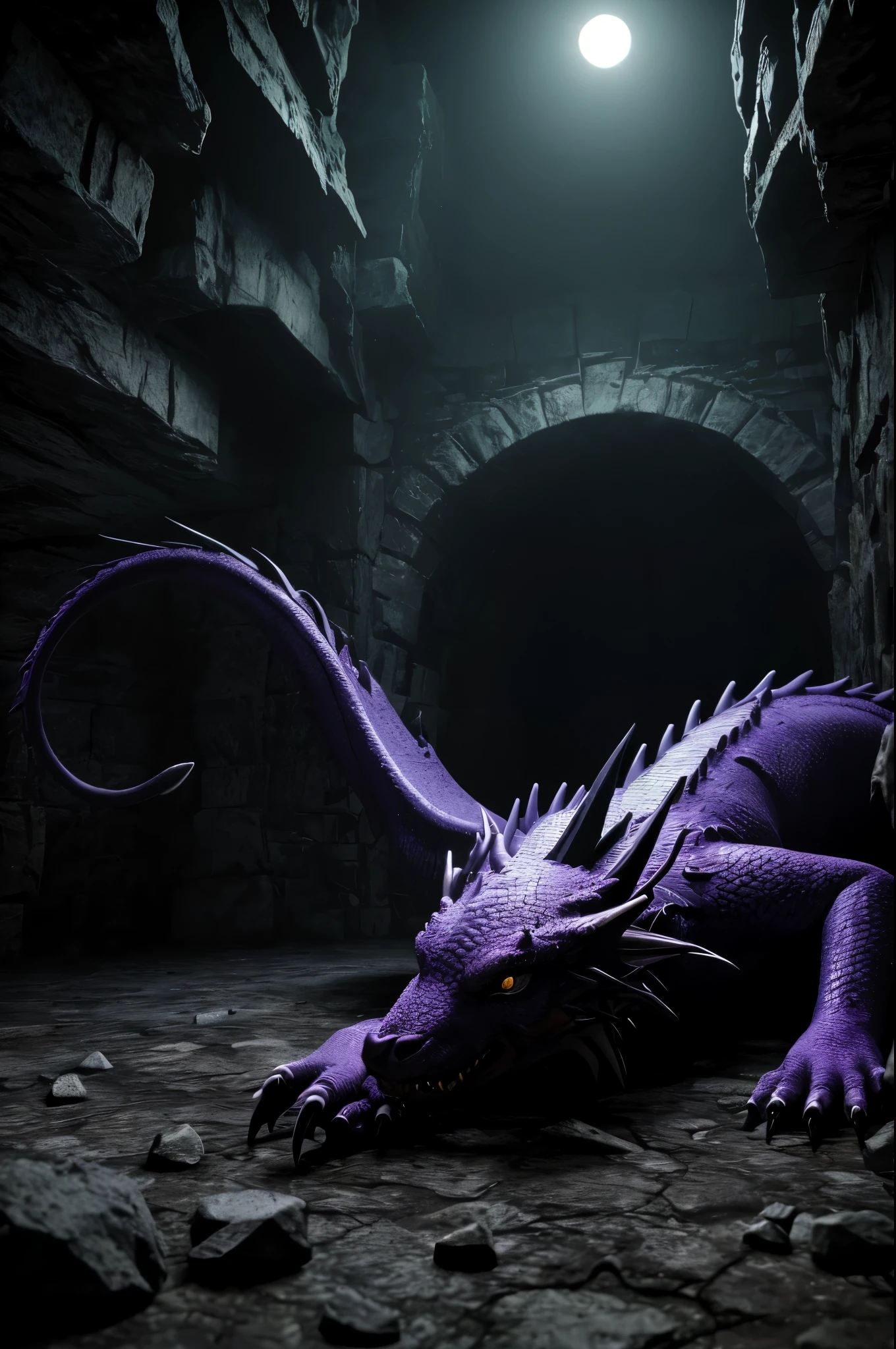 (best quality,4k,8k,highres,masterpiece:1.2),ultra-detailed,(realistic,photorealistic,photo-realistic:1.37),purple dragon asleep,cat eyes:1.1,sharp teeth:1.1,spiked back,8 legs,treasures on the floor,cavern lair,deep purple hue,treasure-filled scene,ominous darkness,glowing eyes,dimly lit,mysterious atmosphere
