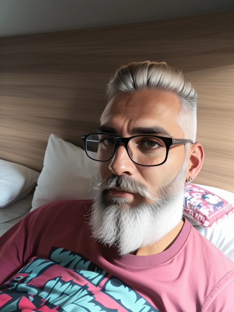 There is a man with a beard and glasses lying on the bed, cabelos brancos e barba branca, cabelo e barba prateados, cabelos e barba brancos, barba e cabelo brancos arrumados, barba branca curta, alguns cabelos grisalhos na barba, barba branca cheia, Homem de 5 0 anos, cabelos grisalhos e barba, long cabelos brancos e barba branca, ele tem barba e cabelos grisalhos