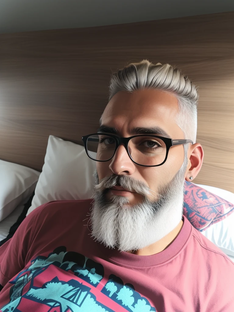 There is a man with a beard and glasses lying on the bed, cabelos brancos e barba branca, cabelo e barba prateados, cabelos e barba brancos, barba e cabelo brancos arrumados, barba branca curta, alguns cabelos grisalhos na barba, barba branca cheia, Homem de 5 0 anos, cabelos grisalhos e barba, long cabelos brancos e barba branca, ele tem barba e cabelos grisalhos