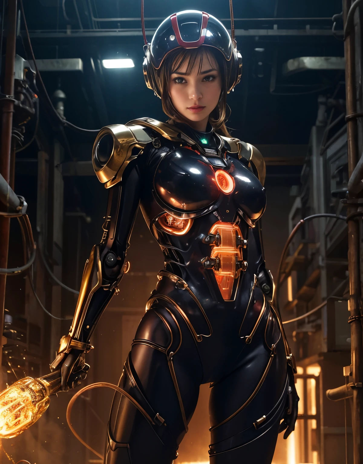 (Background of skimpy mechanical girl and octopus alien)、（Mystical expression）、highest quality、masterpiece、Super high resolution、(Photoreal:1.4)、RAW photo、1 girl、glowing skin、(((1 Mechanical Girl)))、Heavy chest、（gold metal bodysuit）、(Natural alien background to fight aliens)、(Small LED)、((Super realistic details))、vertical giant monster background),global illumination、Shadow、octane rendering、16K、super sharp、robotの背景、big breasts、Raw skin exposed in the cleavage、red metal、intricate decorative details、Japan details、very intricate details、realistic light、(Mystical expression),CG Society Trenlow Eyes、Eyes shining towards the camera、Mechanical marginal blood vessels connected to neon detail tubes)、(Wires and cables connecting to the head)、Small LED、,mechanical thighs、two stock、（Hands are also made of machines）、robot、future alien、Please wear a mechanical helmet、transparent face guard on helmet、