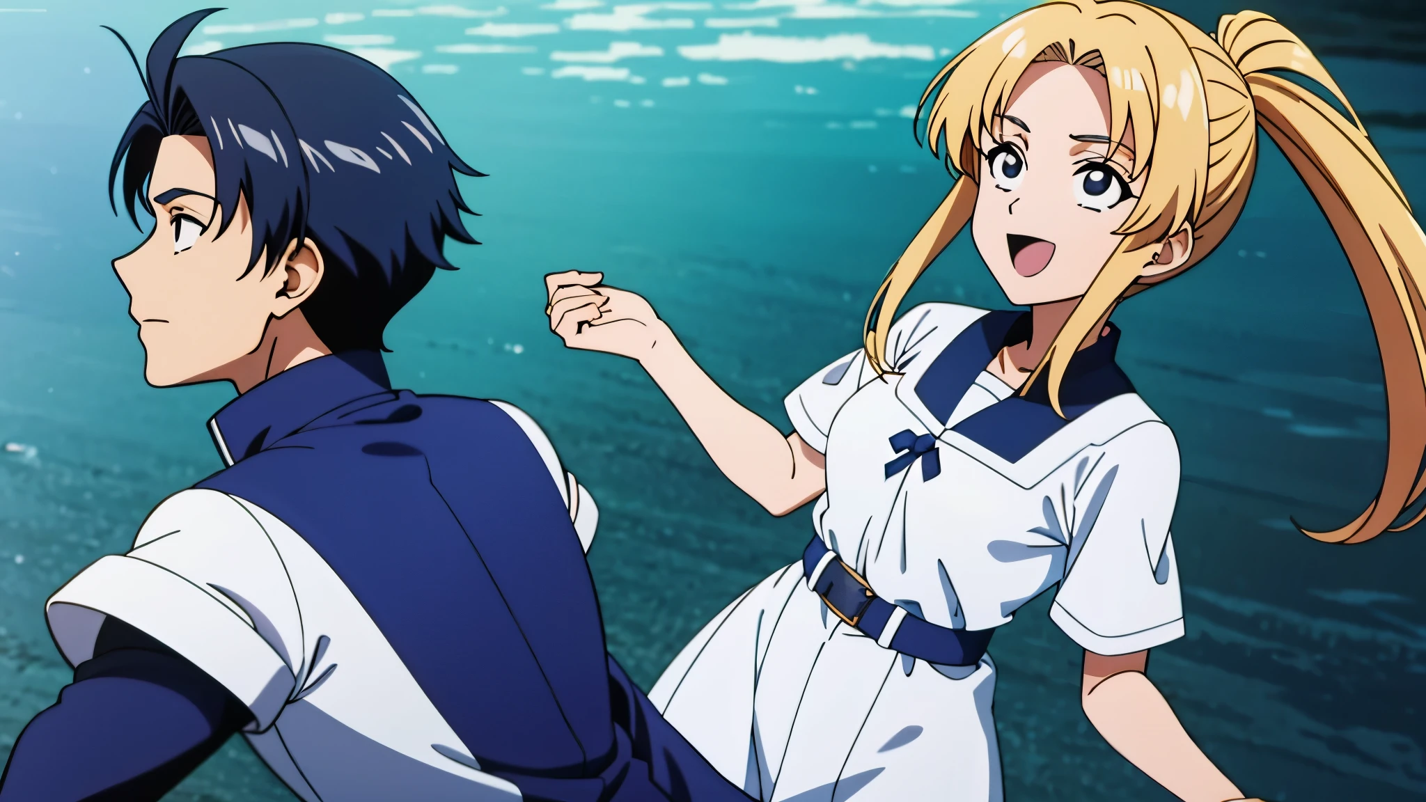 uma garota ao lado de um garoto, casal improvavel, garota de cabelos pretos, 2000 anime traits, uniforme escolar japones, personagem de corpo inteiro, olhando para o telespectador