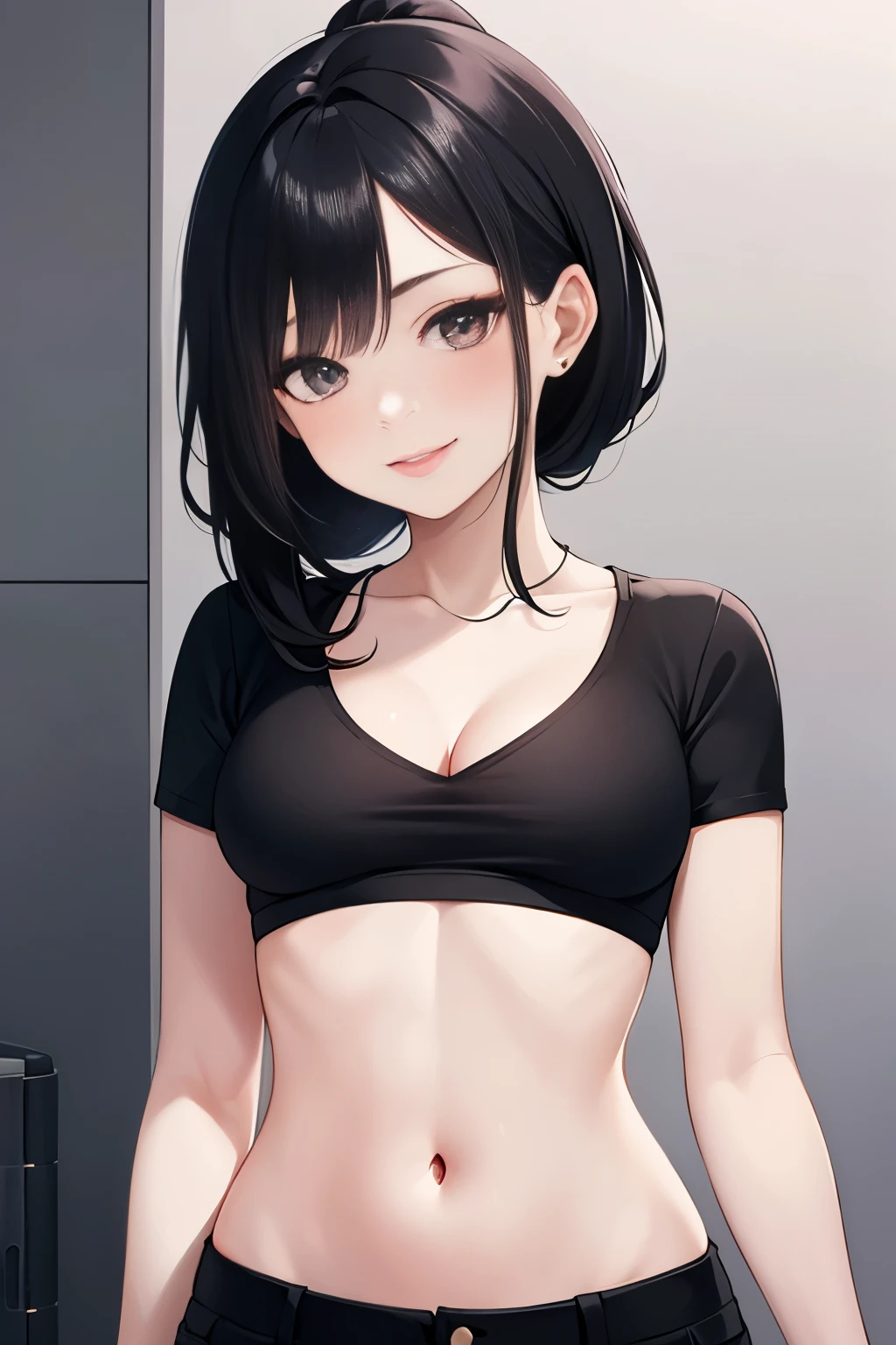 Amazing portrait of a sexy woman wearing her luscious black hair in a ponytail, seductively gazing and smiling, soft lips, parted, blushing intensely, smiling, black crop top, black cargo pants, black short shirt, medium chest, cleavage, perfect body