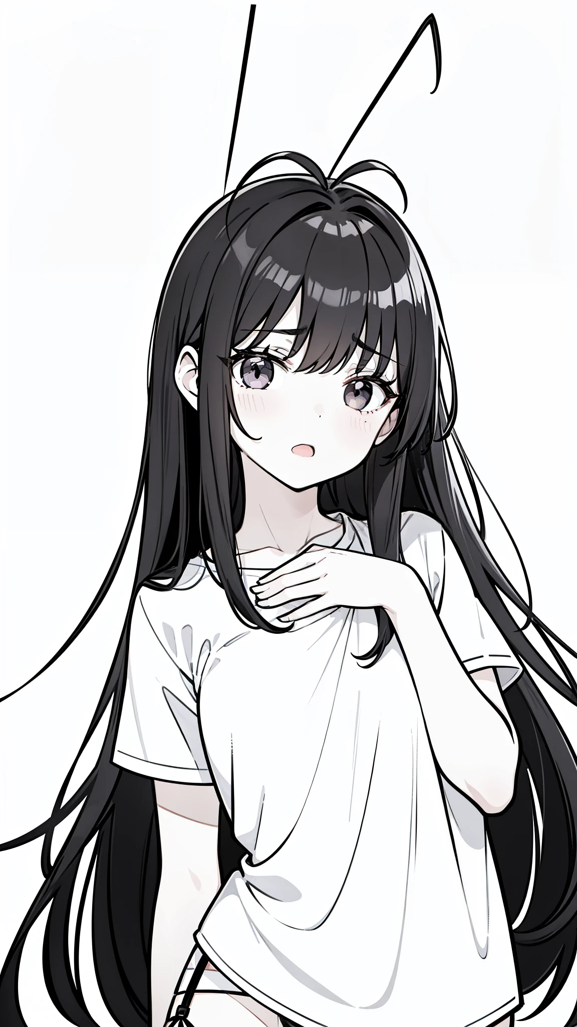 1girl,10s years,solo,blush,black eyes,black sclera,black hair,long hair,(((hair 2antennas))),white shirt,short sleeves,white shorts,(white background, line drawing),standing,open mouth,hands on chest,((from top to bottom)),portrait