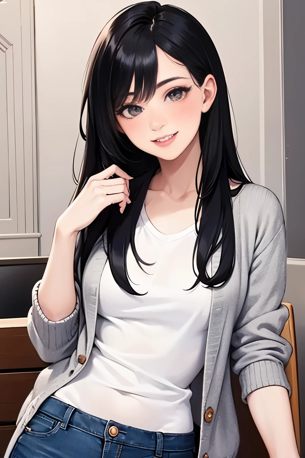 Amazing portrait of a sexy woman wearing her long straight luscious black hair, seductively gazing and smiling, soft lips, parted, blushing intensely, smiling, white t shirt, grey cardigan, baggy jeans, medium chest, perfect body