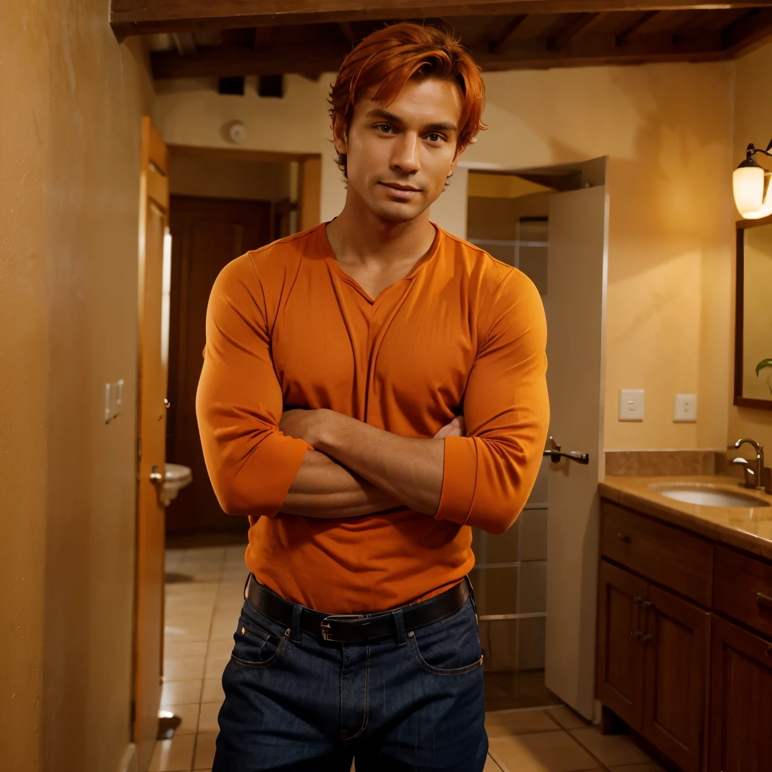 A tanned man with orange hair with his sleeves rolled up