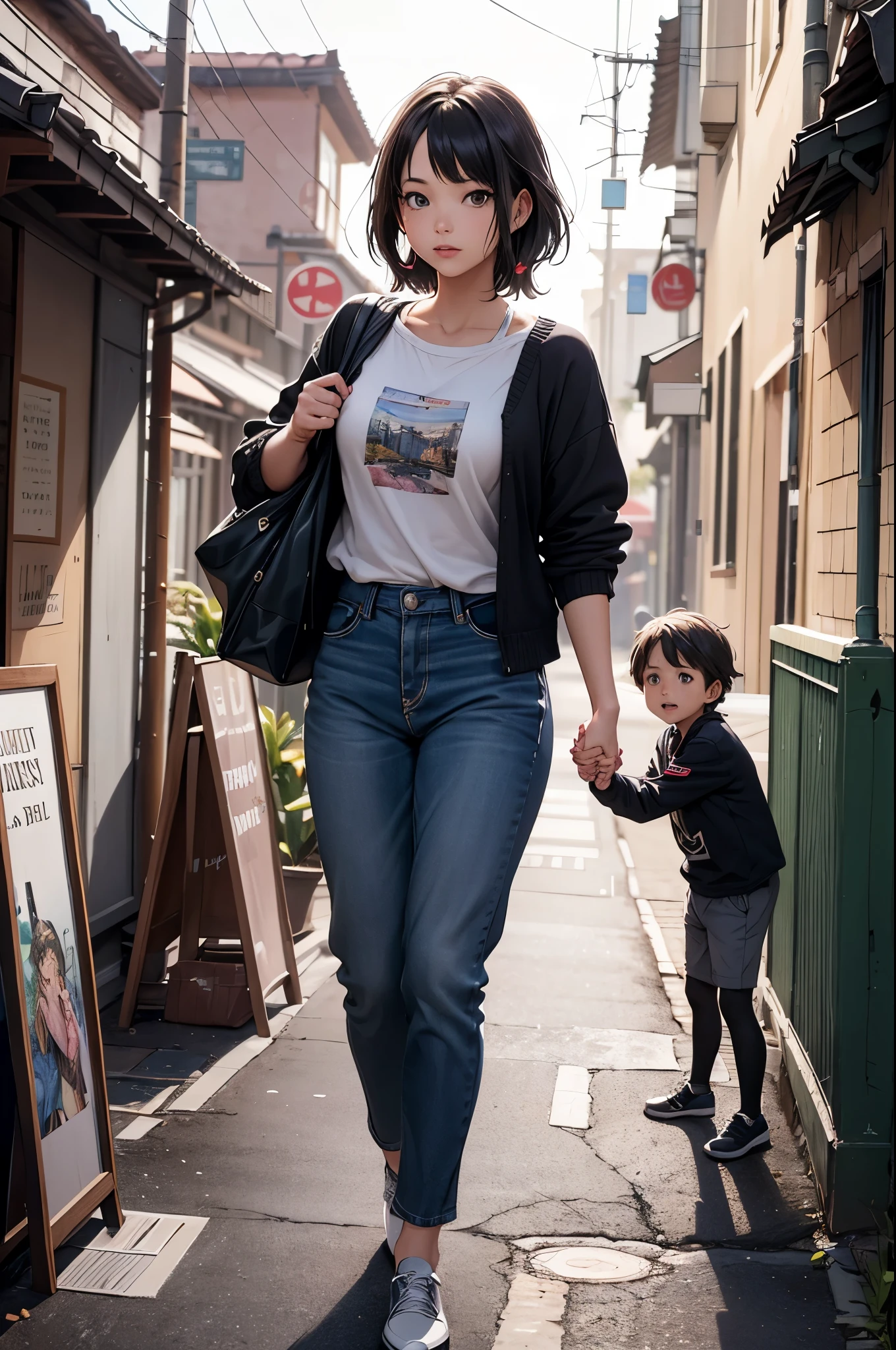 "Young busty  single mom with her elementary school son, holding hands and walking to school, in a high-detail colored manga style masterpiece, vibrant and dynamic, capturing a slice-of-life scene, intricate details highlighting their expressions and surroundings, wide shot, art style inspired by top manga artists on ArtStation and DeviantArt, resolution 8K, (manga style:1.5), (slice-of-life:1.3), (vibrant colors:1.25), (ArtStation:1.2), (DeviantArt:1.2)"
