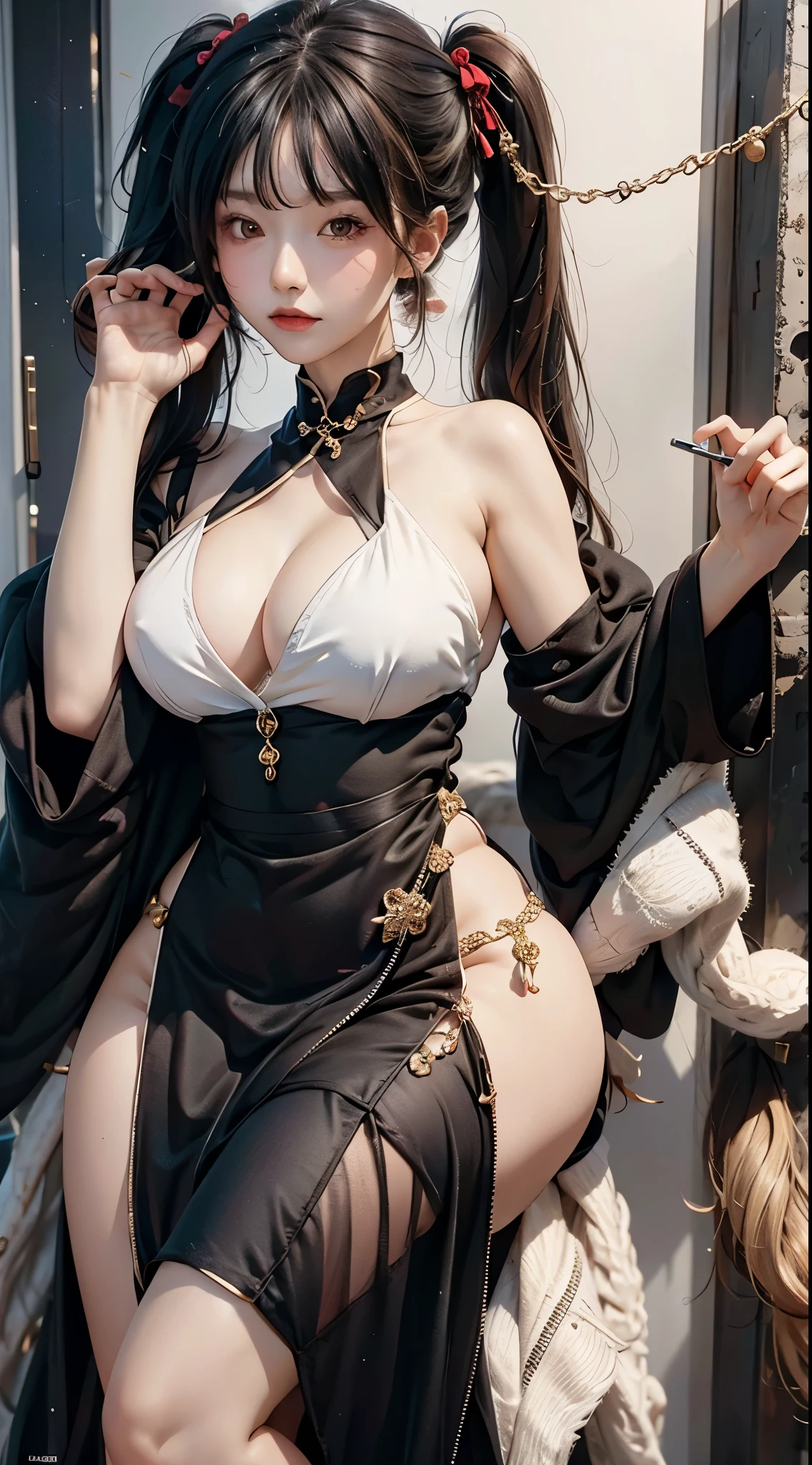 girl,full body,(detailed face:1.2), masterpiece, fashion,chinese dress,, medium hair, black hair, twintails, blunt bangs, brown eyes, ????, cleavage cutout