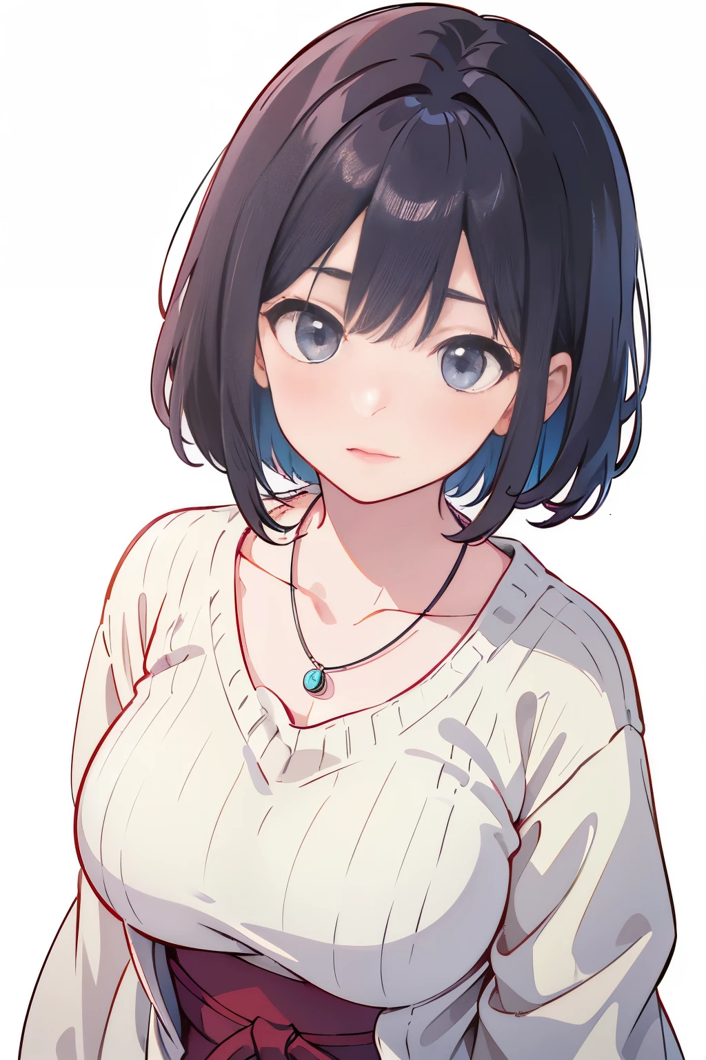 (Best quality, 8k, 32k, Masterpiece, UHD:1.2),Photo of Pretty Japanese woman, large breasts, very short bob hair,upper body,face focus,oversized_sweater, necklace, simple background, from above, looking at viewer,