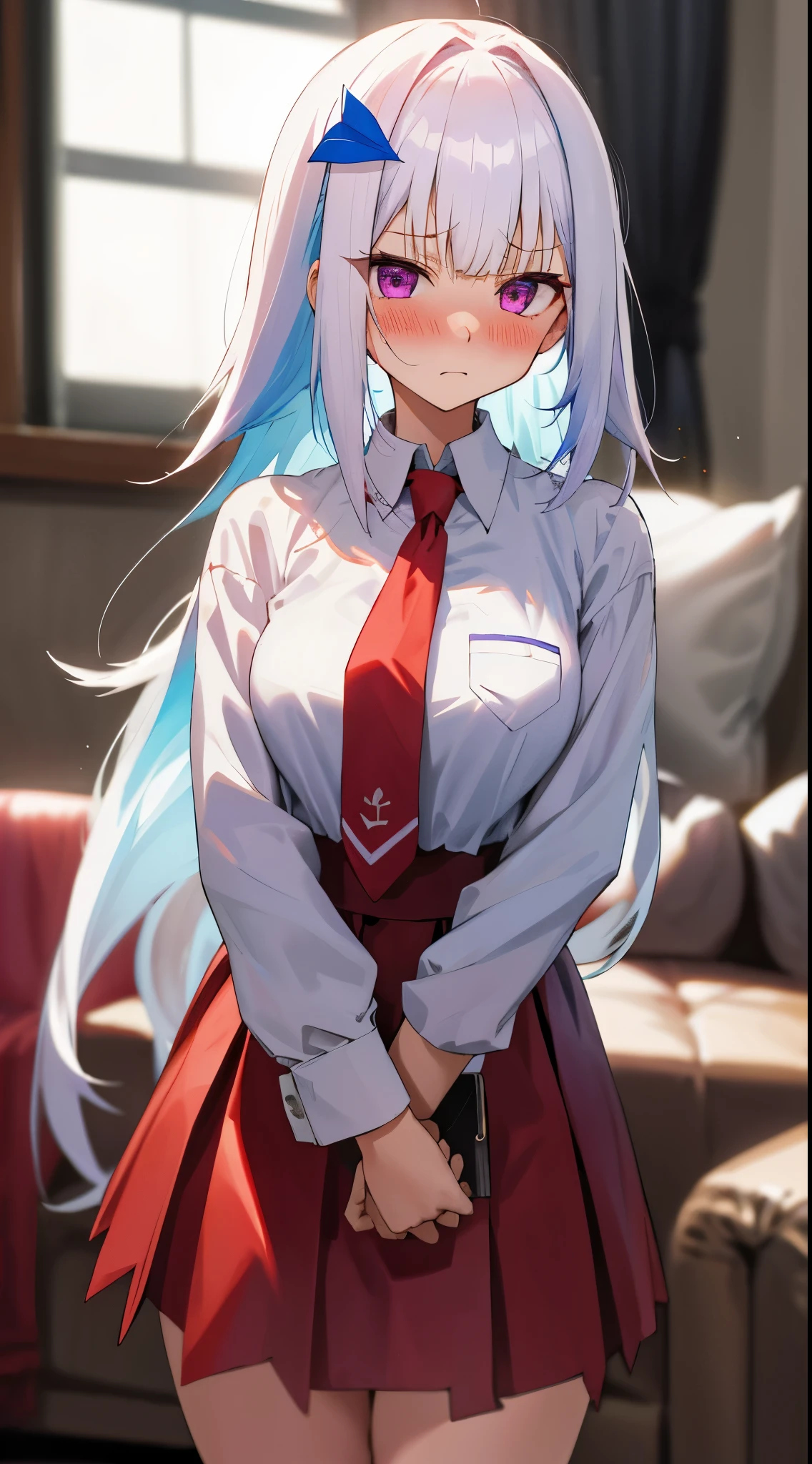 One girl with long hair, bangs, white hair, blue inner hair:1.25) , purple eyes, looking at viewer, blushing, embarrassed, serious expression, indoor, living room, white shirts, red necktie, red skirt, thigh, mid-chest, day atmosphere, hair ornament, medium breasts, focus, blurry background