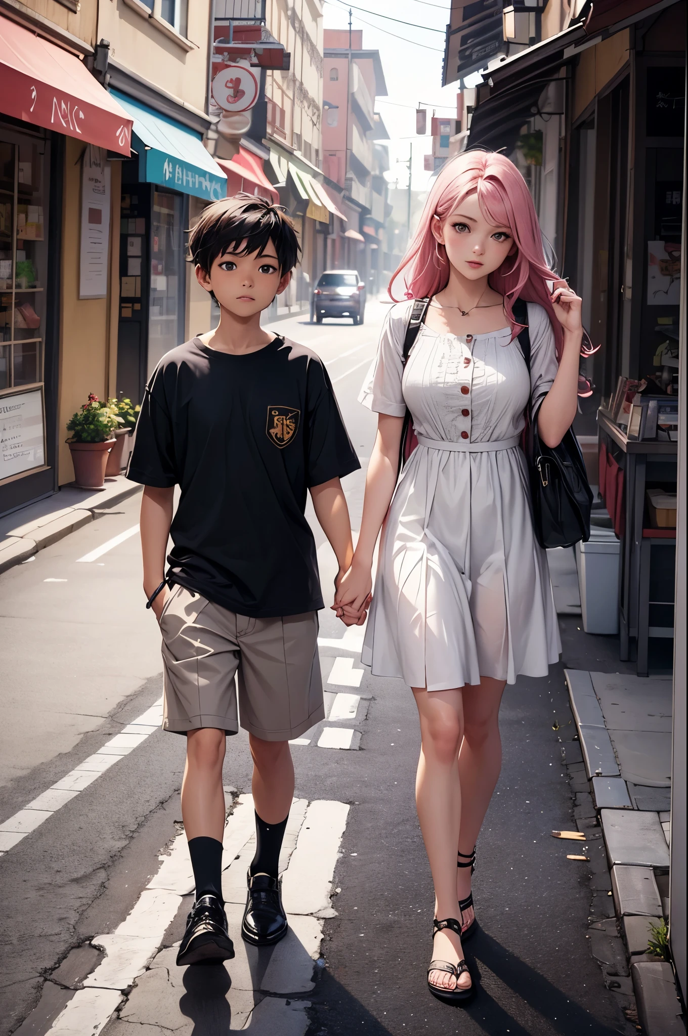 "Young busty  single mom with her elementary school son, holding hands and walking to school, in a high-detail colored manga style masterpiece, vibrant and dynamic, capturing a slice-of-life scene, intricate details highlighting their expressions and surroundings, wide shot, art style inspired by top manga artists on ArtStation and DeviantArt, resolution 8K, (manga style:1.5), (slice-of-life:1.3), (vibrant colors:1.25), (ArtStation:1.2), (DeviantArt:1.2)"
