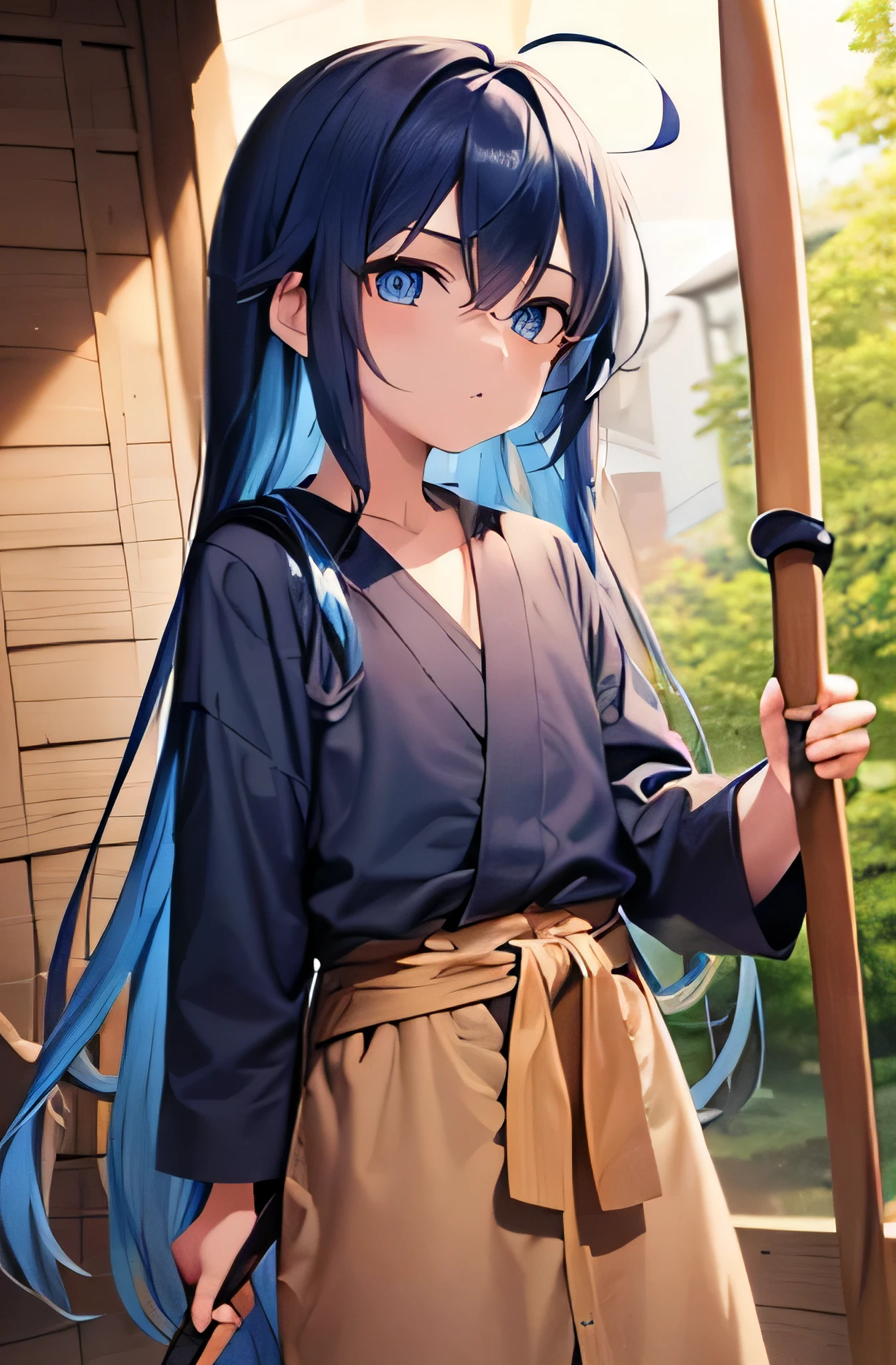 (one ??? boy), anime style, masterpiece, (blue long hair), (blue eyes), (dark circles under the eyes), ((dressed in a potato sack, a wooden bokken in hand)), (background of a poor village), kawai face, ((((wooden bokken)))), 12 years
