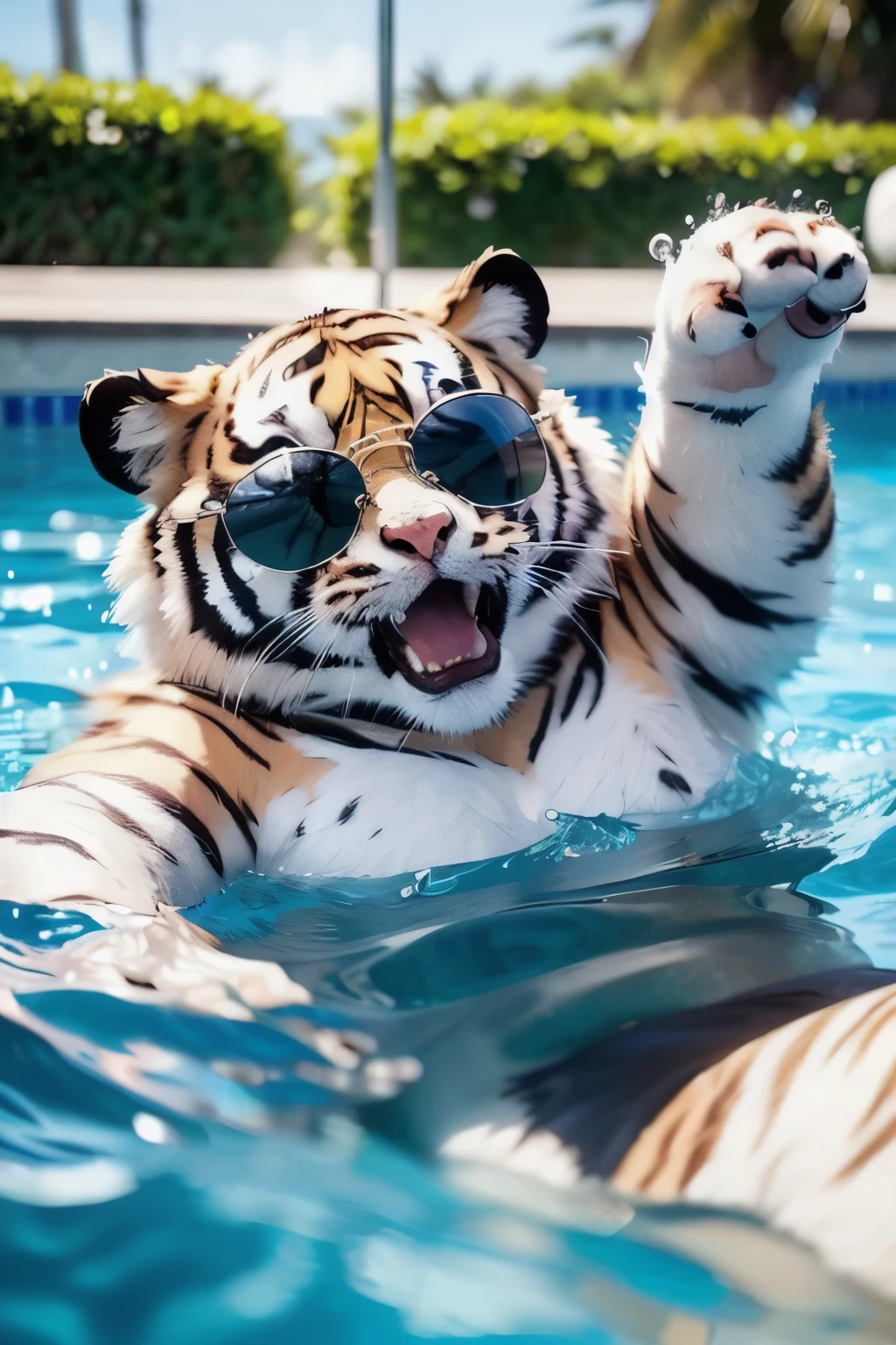 (a Young white fur tiger:1.3),(Wearing a Sunglasses on your head)，In swimming，Grin，Splashing water，beach，swimming pool，Great view，HD，masterpiece，Perfect details,8k,Slightly fat,The perfect hand,Heteropupil,(White Fur:1.8),Infantile,Cute,Facing the screen