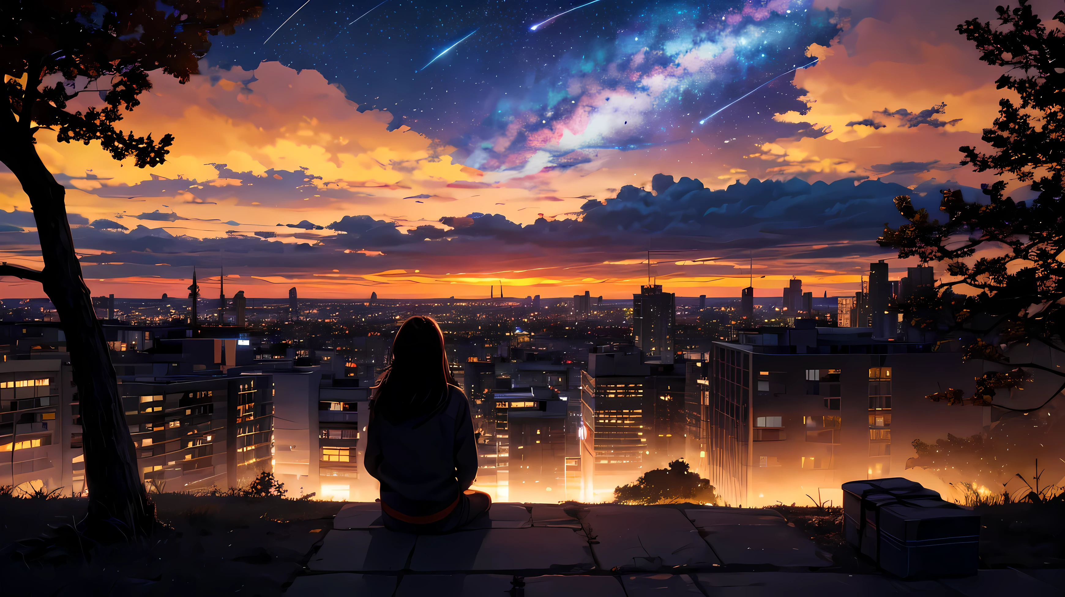 octano, cielo, estrella (cielo), paisaje, estrellary cielo, noche, solo dos personas, un chico de pelo negro, A girl with brown hair, noche cielo, acerca de, Al aire libre, edificio, nubes, session, tree, ancho, urbano, silueta, paisaje urbano, pocas estrellas disparando. pov behind them, they are session in the ground