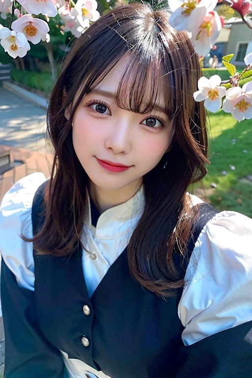 (top-quality、8K、32K、masuter piece、nffsw:1.2)、profile、(slim figure:1.2)、(s lips) 、18year old、kawaii pose、校服、Colossal tits、二重まぶた、shinny skin、Realistic rays、mare、beauitful face、(A smile:1.3)、crouching down、(From above:1.2)、(a closeup:1.4)、blurry backround、(Front Focus)、(Dark: 1.6)、Fantasy Art、photoRealstic、Professional Lighting、extra detailed face、Award-winning、deep-shadows、A path lined with flourishing cherry blossom trees