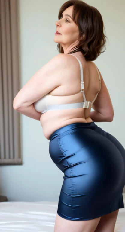 Busty older secretary big belly big butt thick thighs wearing light blue tight satin pencil skirt skirt and white satin bra brunette hair older mature women hands behind her head Bending backwards alittle front view of her side views of her erotic look on her face sensous look on her face big belly big butt