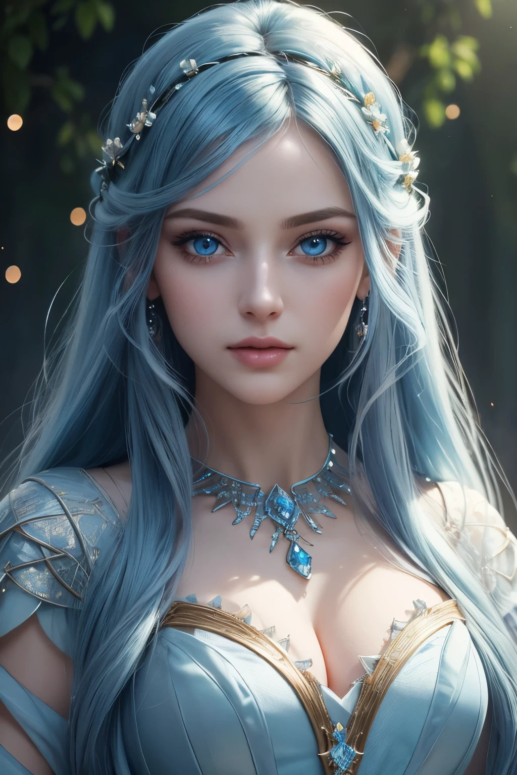 true masterpiece, a beautiful gorgeous fairy woman, light blue long hair, light blue eyes, symmetrical eyes, detailed eyes, high quality eyes, light blue dress, perfect face, light blue eyeshadow on her eyes, light blue necklacke, high quality face, realistic, photorealistic, shiny skin, (masterpiece:1.5), concept art, intricate details, highly detailed, octane render, 8k, unreal engine, dynamic pose, best quality, highres, pale skin, beautiful makeup, stunning beauty, very long eyelashes, 32k, high dynamic range, ultra realistic, highly detailed, high definition, extraordinary, stunning, beautiful, serene, normal proportions, perfect anatomy, realistic face, realistic eyes, highly detailed face, highly detailed body, high details, intricate clothing, glowing shadows, beautiful gradient, depth of field, clean image, extremely detailed face, highly detailed background, perfection, dreamy, gentle face, flowing, bright, bright background, sparkles in background, rays of light, plump lips, dazzling eyes, foreground, top of her dress is visible