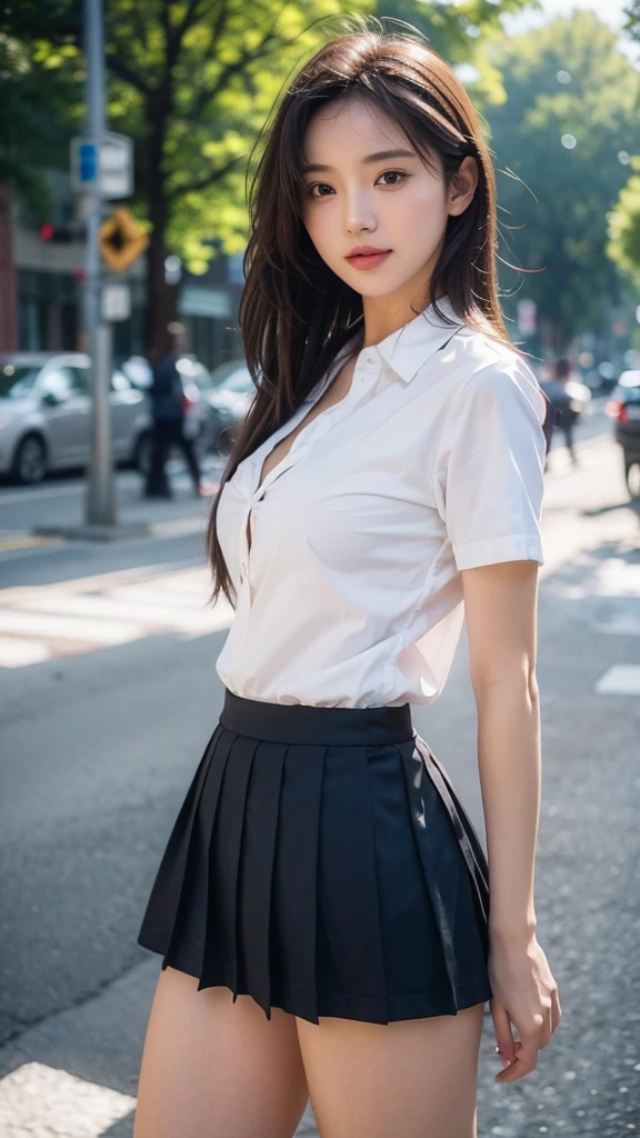 Girl in a Sexy School uniform (Short mini skirt and short Thin tight shirt), Sexy seductive poses, showing cleavage, showing panties, showing buttocks, sidewalk in the city, Realistic photos, brown hair, smile, depth of field, ray tracing, multiple views, bokeh, anatomically correct, super detail, high quality, highres, 8k, textured skin, masterpiece
