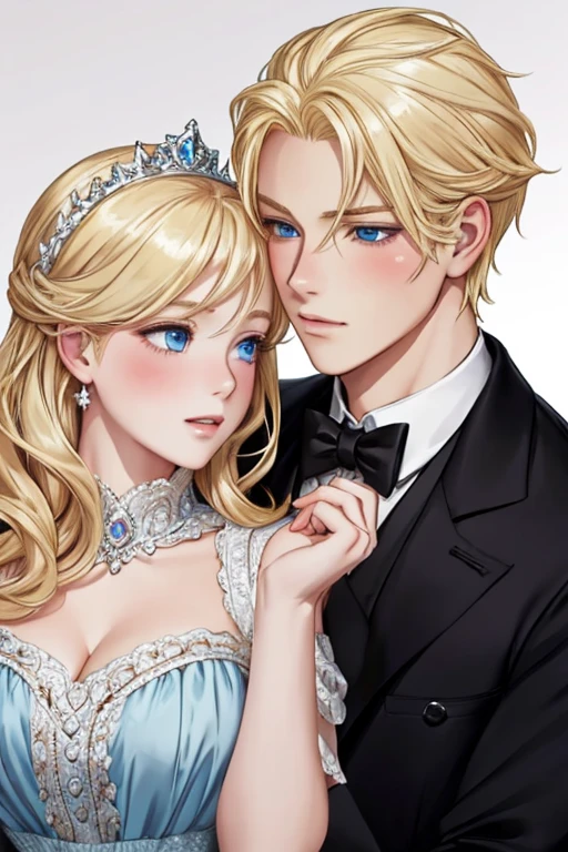 The Blushing Prince, Beautiful face, blonde hair, Menacing face, ogle, Cinderella is nearby (blonde, reddened, in a dress), Portrait of two people