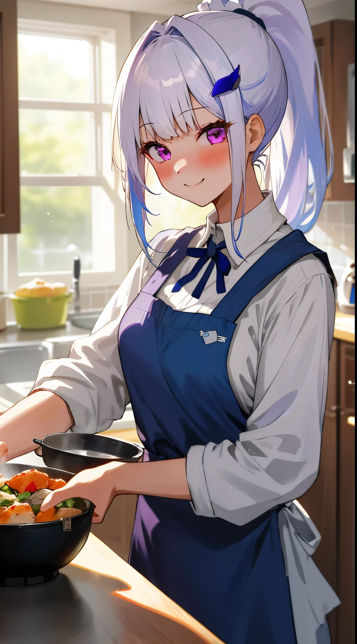 One girl with high ponytail hair, bangs, white hair, blue inner hair:1.25) , purple eyes, blushing, light smile, indoor, Cooking food, kitchen, sweaters, apron, mid-chest, day atmosphere, hair ornament, medium breasts, upper body, focus, blurry background, food