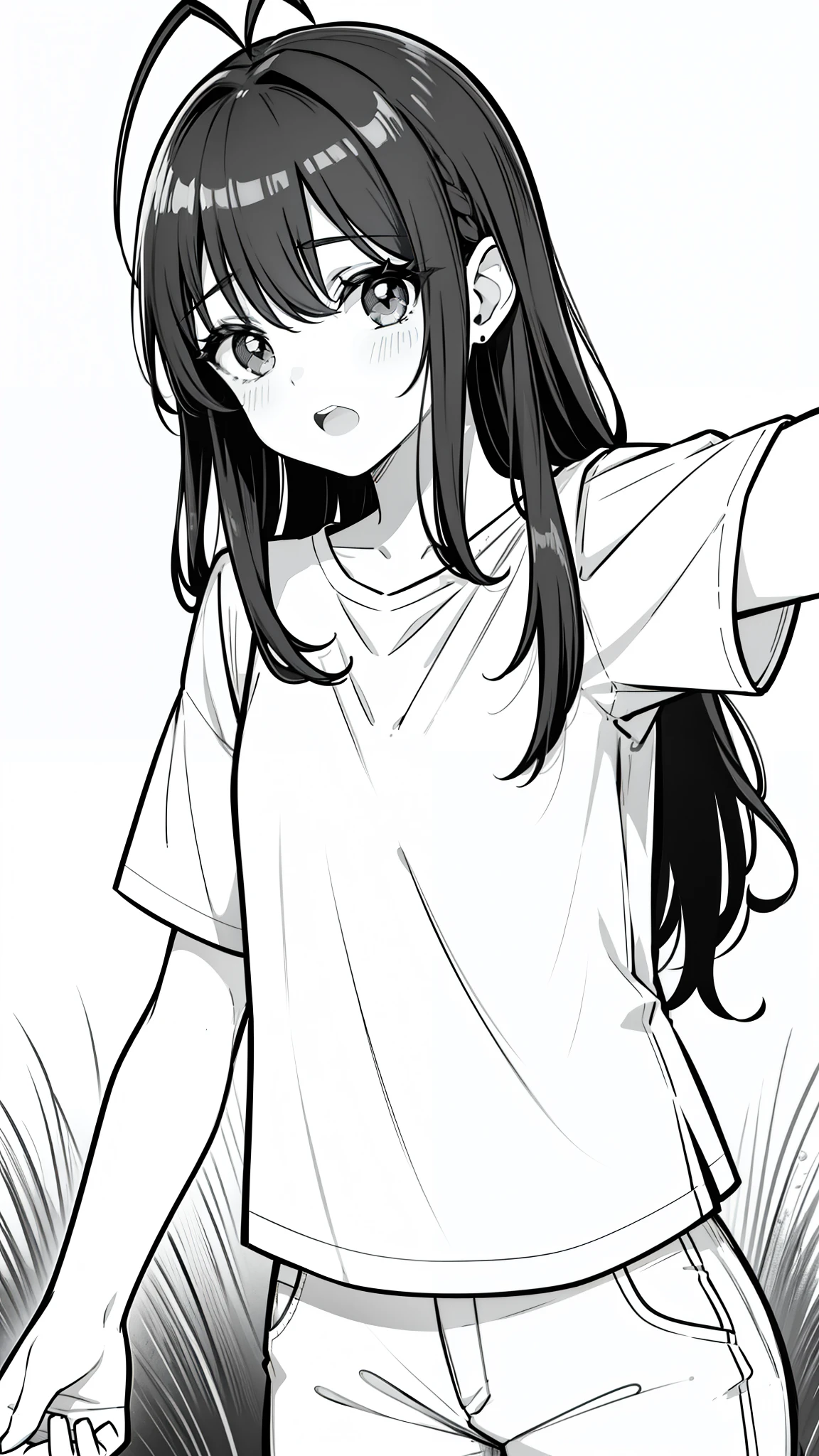 1girl,10s years,solo,blush,black eyes,black sclera,black hair,long hair,(((hair 2antennas))),white shirt,short sleeves,white shorts,(grass, line drawing),standing,open mouth,hands on chest,((BREAK looking at viewer, Upper body selfie))