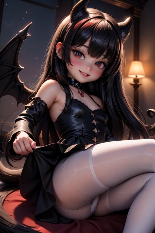 Ultra-realistic 8k CG, masterpiece, best quality, (photorealistic:1.4), absurdres, extremely detailed, real hair, life-like, horror scene, dark setting, cute girl smiling, small , red lipstick, red smokey eyes make up, showing fang, black hair, gothic dress, (white pantyhose), black ((mary jane pumps)), tail, black wings, devil horns, looking at viewer, lying in front of viewer, night sky