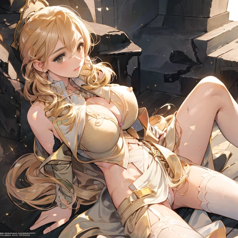 ((1 europian girl)), (in the center:1.4), cute girl, 22 years old, (bronde long hair), beautiful detailed brown eyes, medium breasts, sitting on a rock, (happy),masterpiece, best quality,perfect face,lying on the ground,uncensored, spread legs, pussy juice, realspreadpussy,from front,short hair,huge breast,cute pink nipples,looking at viewer