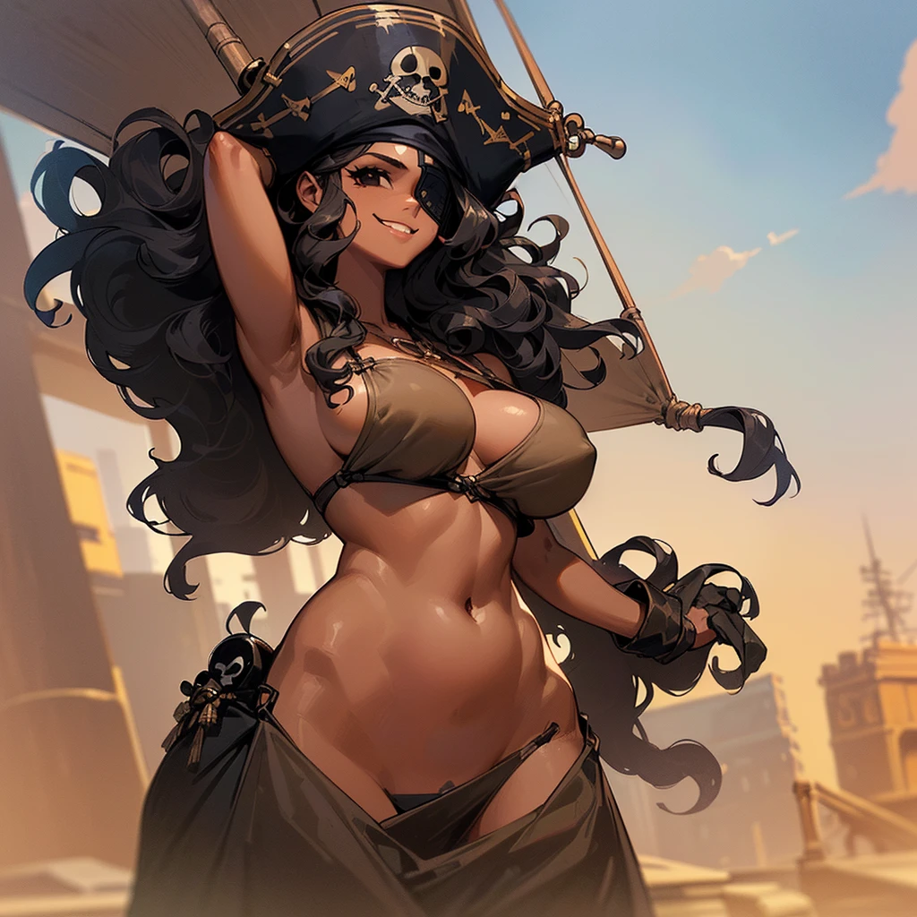 (((I want a single woman with brown skin, sculptural body with medium breasts, detailed black wavy hair, serene black eyes, wearing an eye patch on her right eye, pirate clothes with a proud smile)))