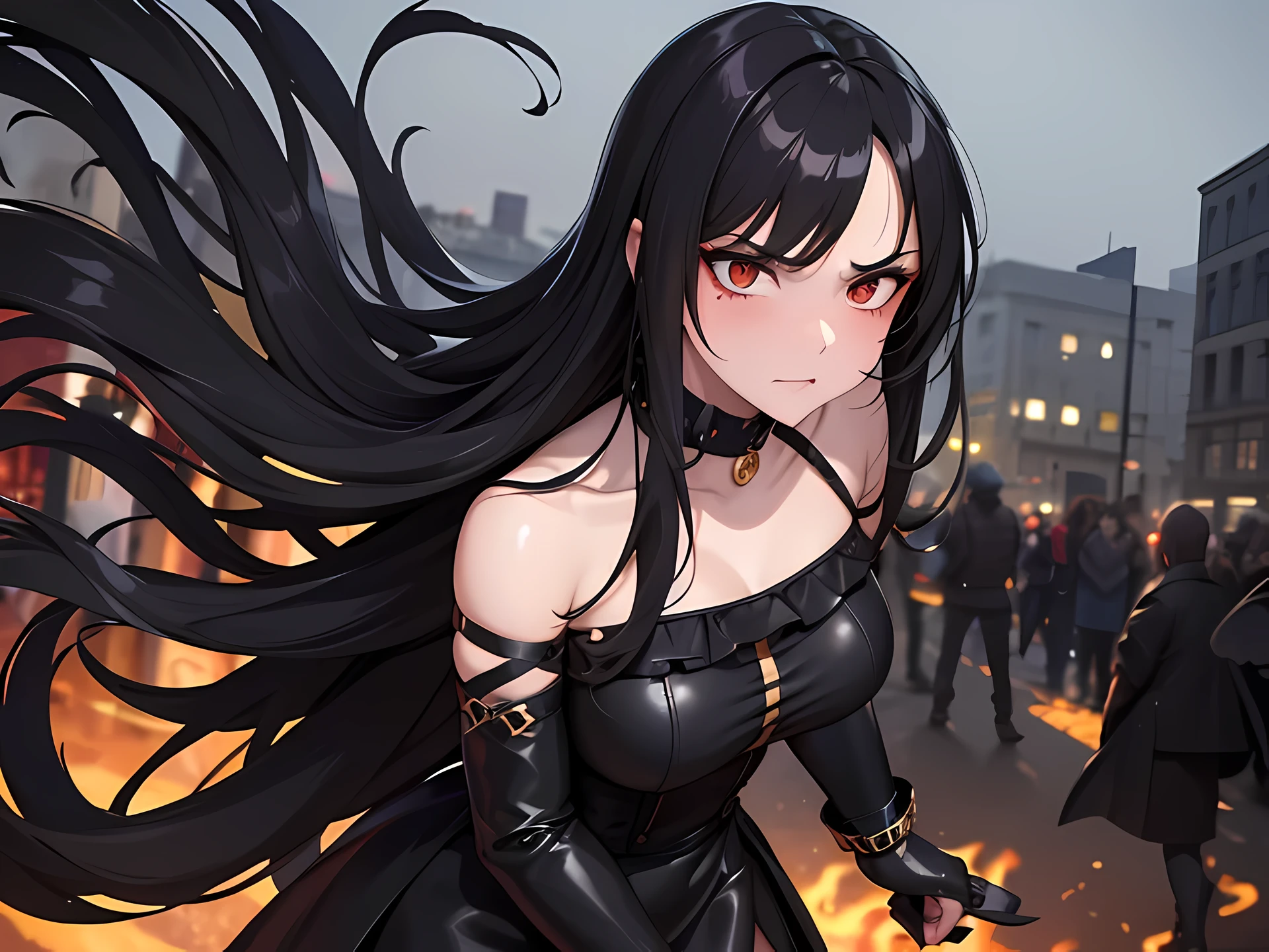 A fierce looking beautiful fallen Angel girl, looking menacing, dark hair, wearing golden black plate amor, she is all fuming with dark smoke, flying over a crowd of people on the streets with blowing intense winds, People watching her in fear while recording footage with camera, Noon hours, absurdres, high res, ultrasharp, 8K, masterpiece