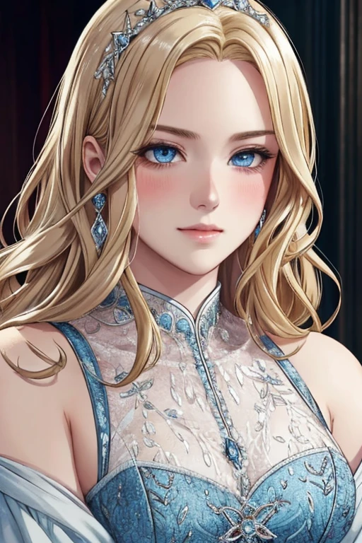 The Blushing Prince, Beautiful face, Dark hair, Menacing face, ogle, Cinderella is nearby (blonde, reddened, in a dress), Portrait of two people, high detail, Detailed eyes
