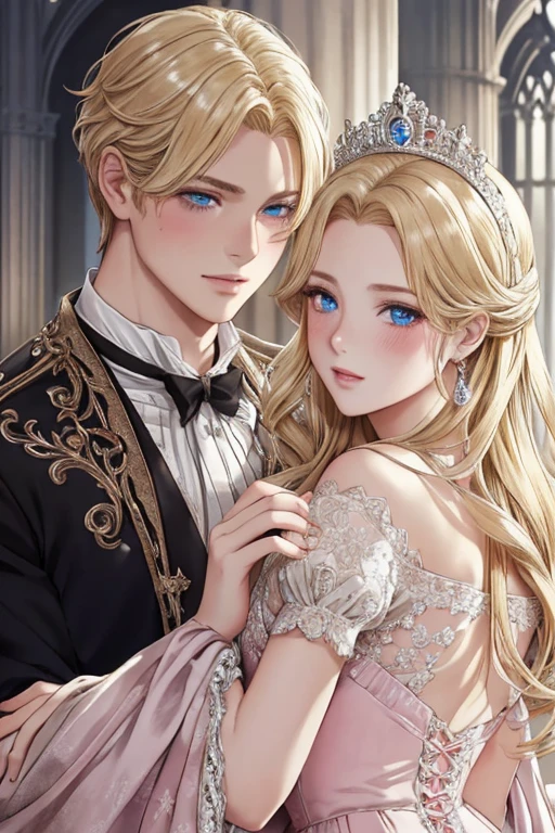 The Blushing Prince, Beautiful face, Dark hair, Menacing face, ogle, Cinderella is nearby (blonde, reddened, in a dress), Portrait of two people, high detail, Detailed eyes