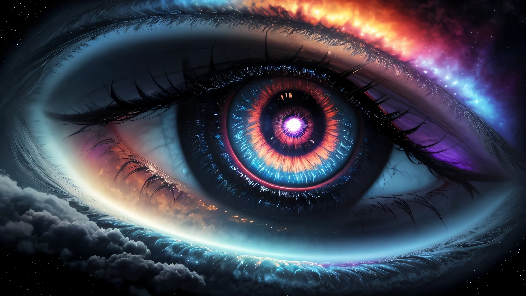 (Solo) Incredibly spectacular clouds，A huge eye，Portrait of a mystical giant eye, the eye of the universe, The Eye of God, mystic eye, eyelash，eyeballs，collofull eyes，Emergency scene in a cosmic cloud, Fractal Nebula Chain, cosmic, Celestial, cosmic, A vibrant and vivid entity, whirly, Spinning, unreal, High contrast, Symbolism, magical, mistic, mistic, Hyper-realistic, Supersaturation, Colorful, 8K