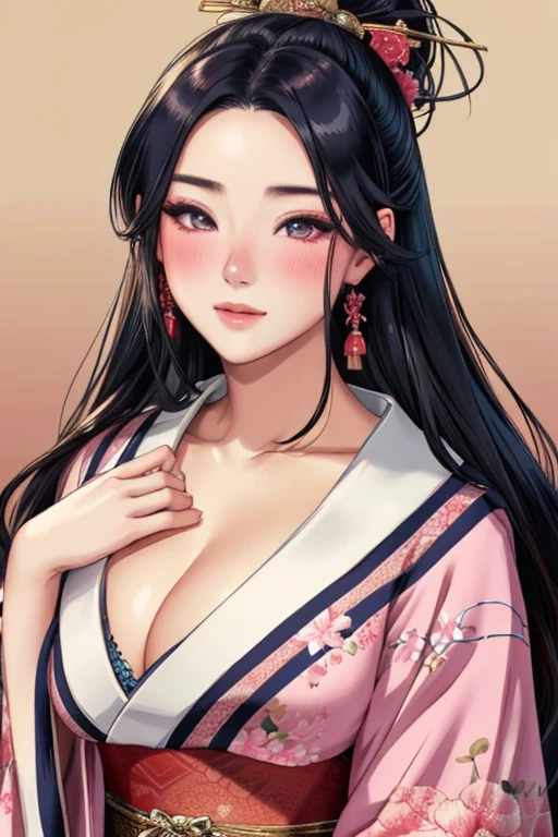 Blushing Mulan in a kimono, portrait, Detailed eyes, high detail, long eyelashes, Beautiful face, blush, Beautiful breasts