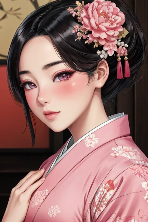 Blushing Mulan in a kimono, portrait, Detailed eyes, high detail, long eyelashes, Beautiful face, blush, Beautiful breasts