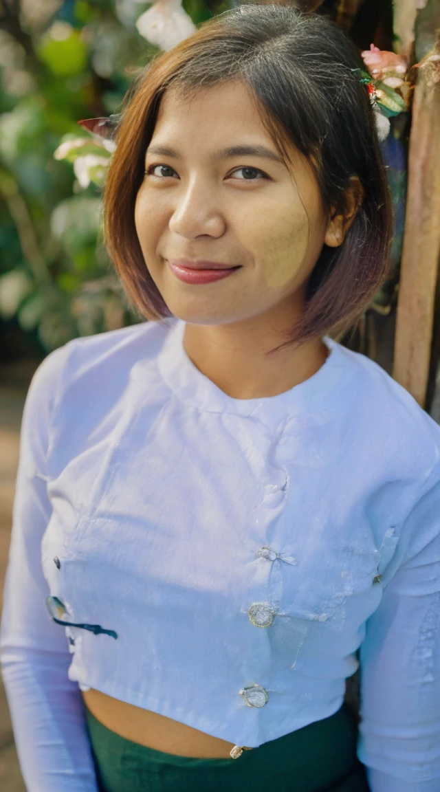 Photo of a Myanmar girl, yo,( portrait shot,1.4), (half body postrait:1.4), 32K, (Best quality,A high resolution:1.2), Ultra-detailed,(Realistic:1.37) RAW uhd portrait photo of super slimfit short bob hair, (wearing myanmar longyi skirt-like garment), (extra super hot sexy cleavage), detailed (textures!, hair!, shine, color!!, imperfections:1.1), highly detailed glossy eyes, (looking at the camera), specular lighting, original photo by Hasselblad X2D 100C, ultra wide-angle macro photo,(extremely detailed CG unity 32k wallpaper), photo of the most beautiful artwork in the world, High Detail, cold light 12000k\\street, detailed realistic, skin texture, super detailed, realistic skin texture ,Sharp focus, rewarded photography, Cinematic Light, dslr, ultra quality, sharp focus, tack sharp, dof, film grain, (centered), Fujifilm XT3, crystal clear, center of frame, cute face, sharp focus, detailed skin pores, intricate eye detail