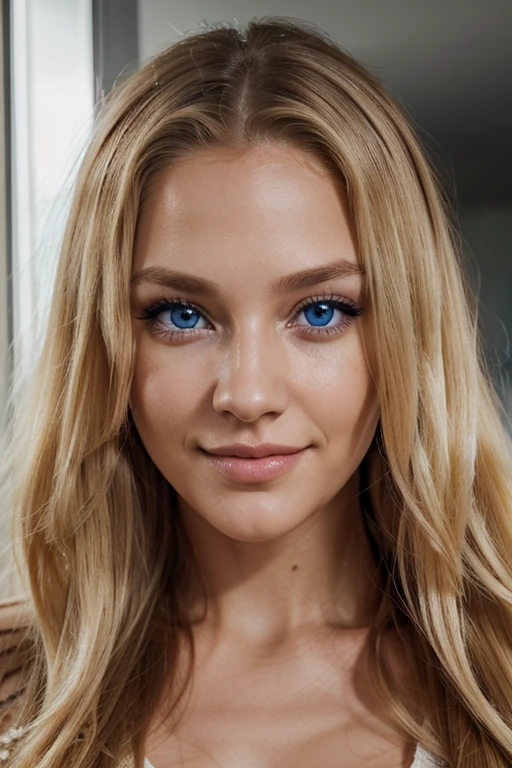 29 year old glamour model, detailed blue eyes, eyelashes, forehead, long hair, blonde hair, looking at viewer, smile, high details, high resolution, detailed skin, realistic, photorealism, 4k, real life, detailed body