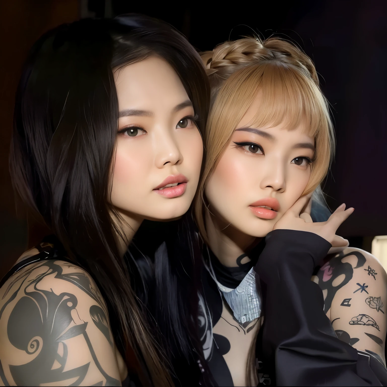 two asian women with tattoos posing for a picture together, kda and sam yang, loish and ross tran, nixeu and sakimichan, inspired by Wang Duo, ruan jia and artgerm, inspired by Yanjun Cheng, & jeehyung lee & wlop, artwork in the style of guweiz, yanjun chengt, e-girl