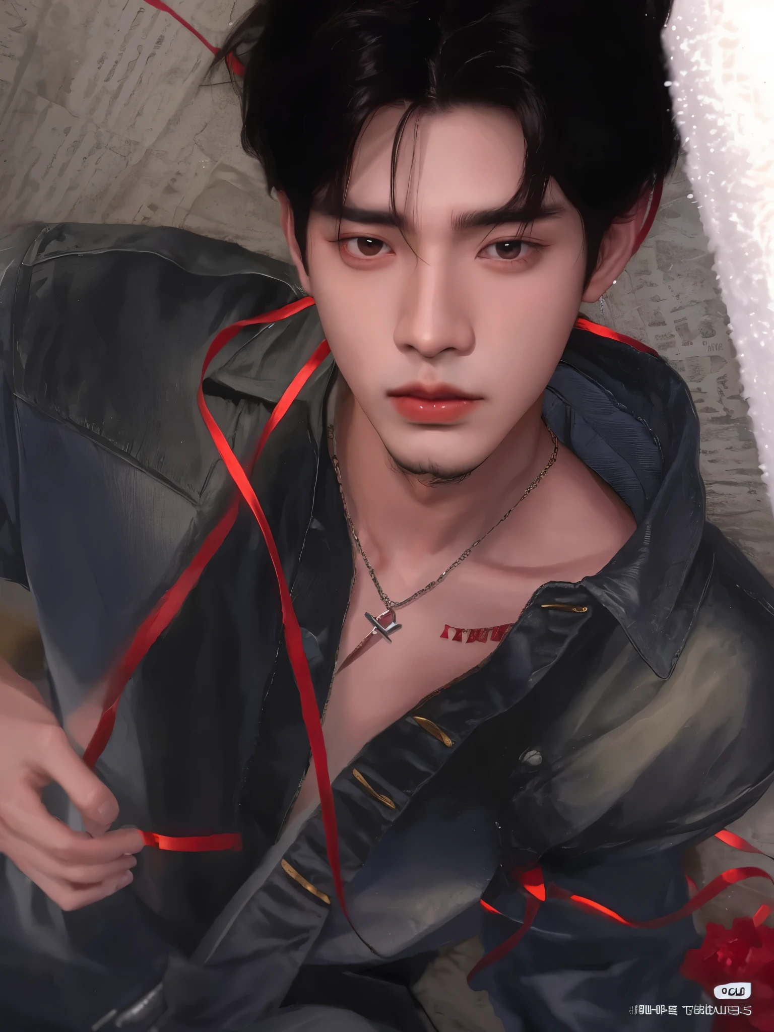 Hombre arafed con cabello negro y una cinta roja alrededor del cuello., cai xukun, kim doyoung, Jinyoung Shin, yanjun chengt, inspirado por Zhang Han, pintar ulzzang, Jinyoung Shin aesthetic, inspirado en Yanjun Cheng, Jung Jaehyun, handsome japanese demon boy, inspirado en Bian Shoumin, loong