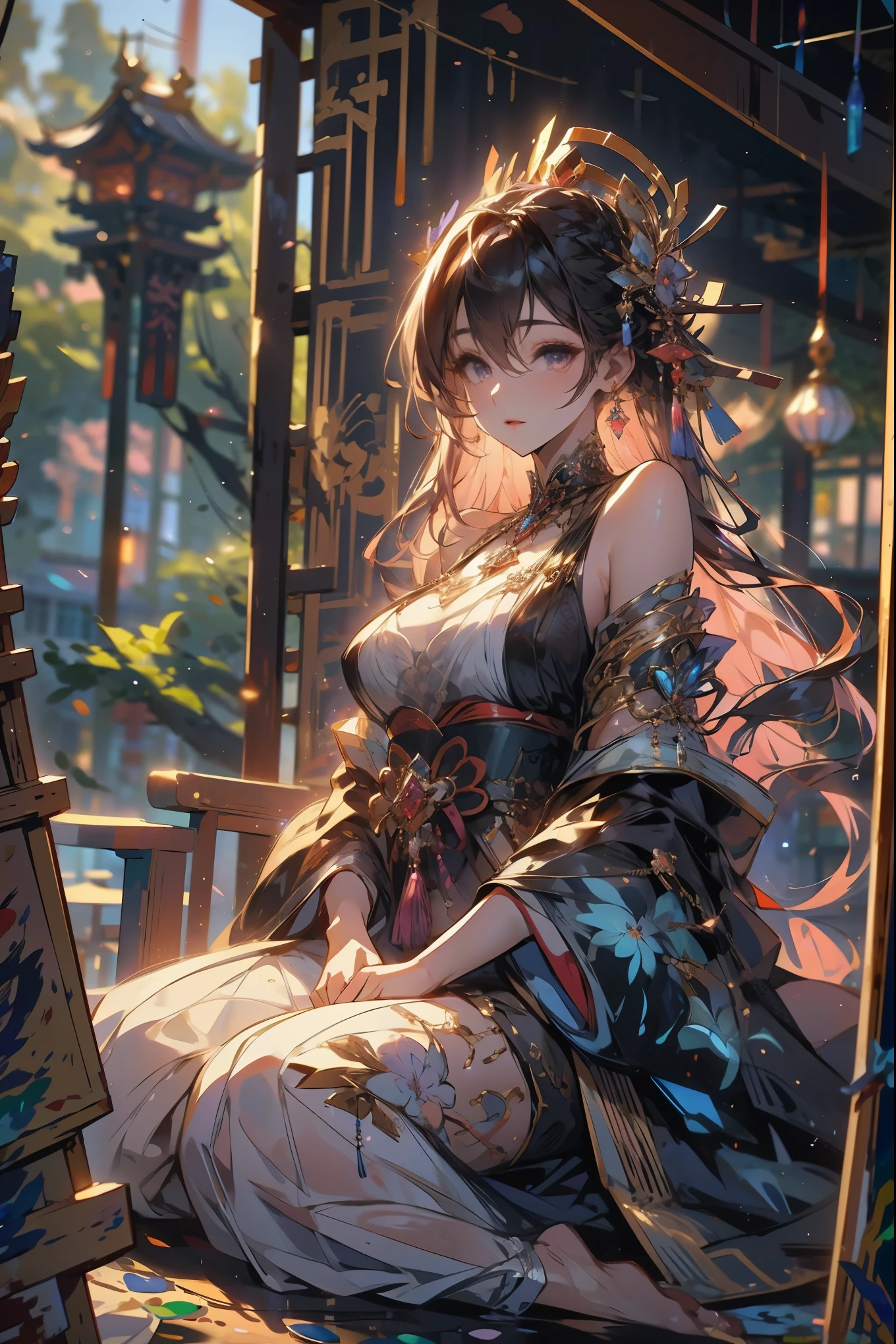 girl ,full body , detached sleeves, bare shoulders, pink hair, long hair, best quality, (painting:1.5), (hair ornament:1.35), jewelry, purple eyes, earrings, breasts, blue flowers, lantern light, depth of field, detailed face, face focus, (looking at viewer:1.25), nontraditional miko, shiny skin, long sleeves, smile, thick lips, game cg, hands on lips, east asian architecture, (blurry background:1.2), sitting, full body
