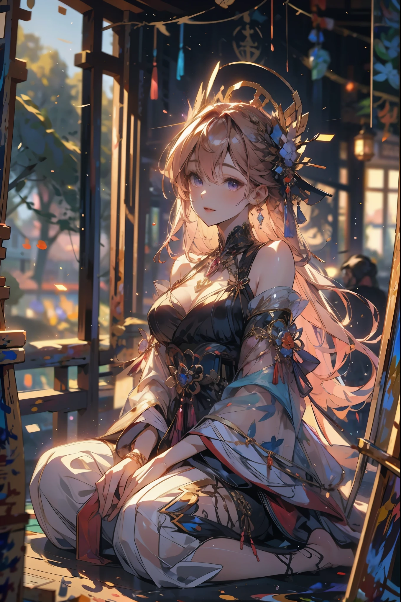 girl ,full body , detached sleeves, bare shoulders, pink hair, long hair, best quality, (painting:1.5), (hair ornament:1.35), jewelry, purple eyes, earrings, breasts, blue flowers, lantern light, depth of field, detailed face, face focus, (looking at viewer:1.25), nontraditional miko, shiny skin, long sleeves, smile, thick lips, game cg, hands on lips, east asian architecture, (blurry background:1.2), sitting, full body