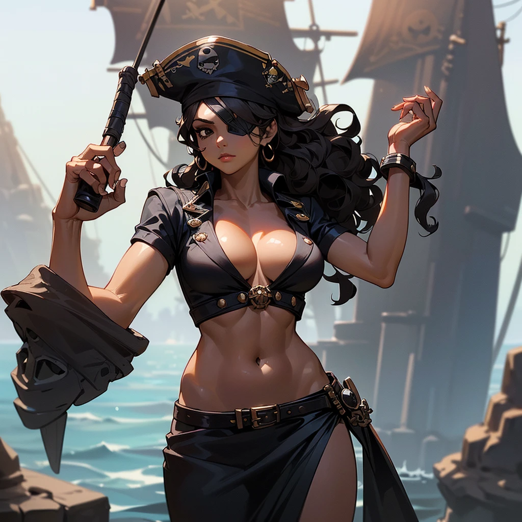 (((I want a solo pirate woman with brown skin, sculptural body with , detailed black wavy hair, serene black eyes, wearing an eye patch on her right eye, wearing nice clothes)))