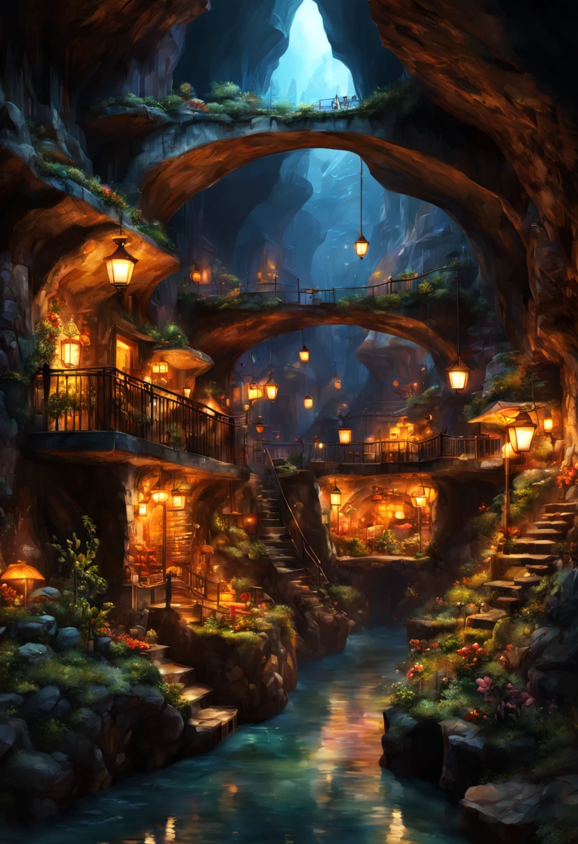 underground cavern,bustling miniature city,cozy lights,warm friendly feeling,illustration,(ultra-detailed:1.1),(realistic:1.1),professional,physically-based rendering,vivid colors,portraits,(dark ambient lighting:1.1)
