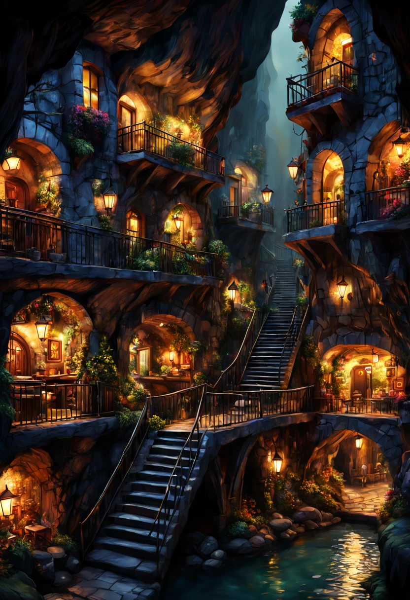 underground cavern,bustling miniature city,cozy lights,warm friendly feeling,illustration,(ultra-detailed:1.1),(realistic:1.1),professional,physically-based rendering,vivid colors,portraits,(dark ambient lighting:1.1)