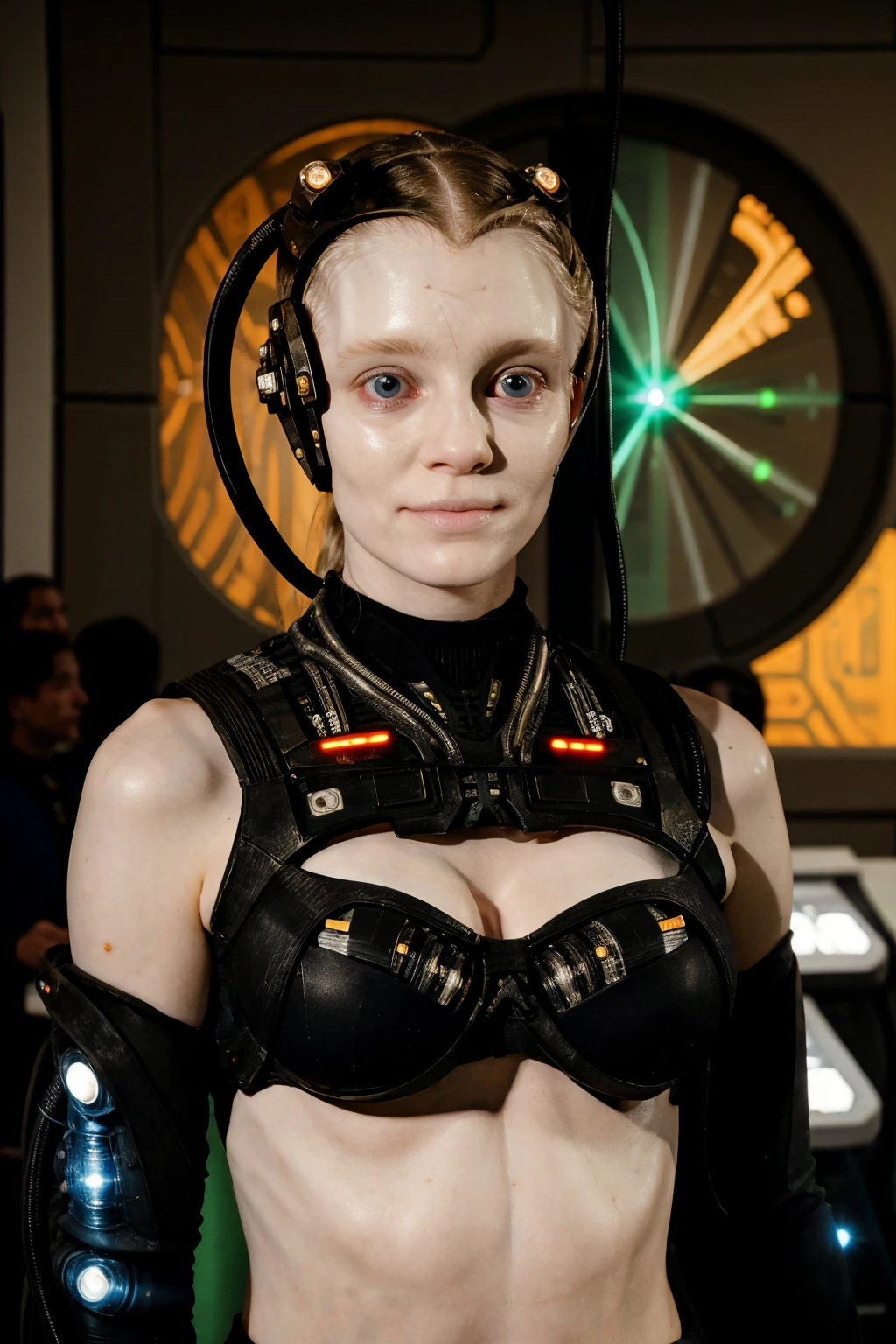 borg woman casey with (cable:1.4) (cybernetic:.08) (cyborg:.2) (borg:.4) implants with (laser beams and led  lights:1), 
(medium shot:1.4), 

(borg:.01) head implants, ocular implant, 
 (busty:1.2), 
 (cyborg:.01) (borg:.01) (bikini:1), 

[(pale white:.1) (Natural:1) (skin:1.3)::8]
[[(Natural:1.1) (pale white:.9) (skin:1.3):8]::16]
[(Natural:1) (pale white:1.3) (skin:1.3):16]
 [(with:.01) (beauty_marks:.01):6], 
[(bald:.12)::1]
[[(bald:.01):1]::10], [(light blonde hair:.01):10], [albino Nordic:30],  

[young:4], 
front light, well lit, [bright:8], fit, detailed skin, in frame, 

[BREAK:6] 
[(long:1.4):24] [(light blonde hair:1.45):10], [(blue eyes:.9):6], 

BREAK 
bright scifi starship background, photograph, detailed, high resolution, RAW photo, 

[BREAK 
[(many beauty_marks and:.01) (many light moles on her skin:1.35):20], 

[BREAK (light brown moles:.1):30]