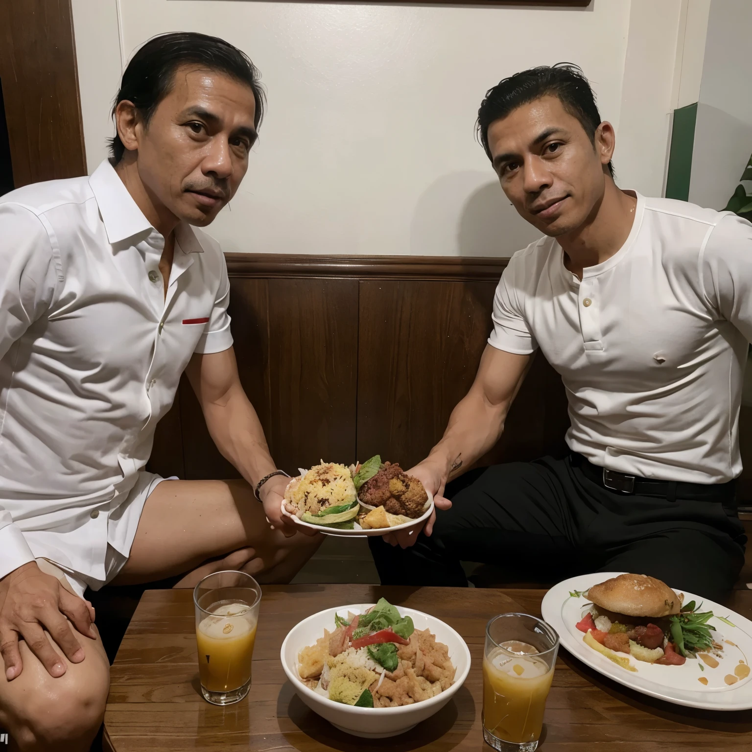buatlah foto Pak Jokowi dan Cristiano Ronaldo sedang makan bersama di warung makan pinggir jalan