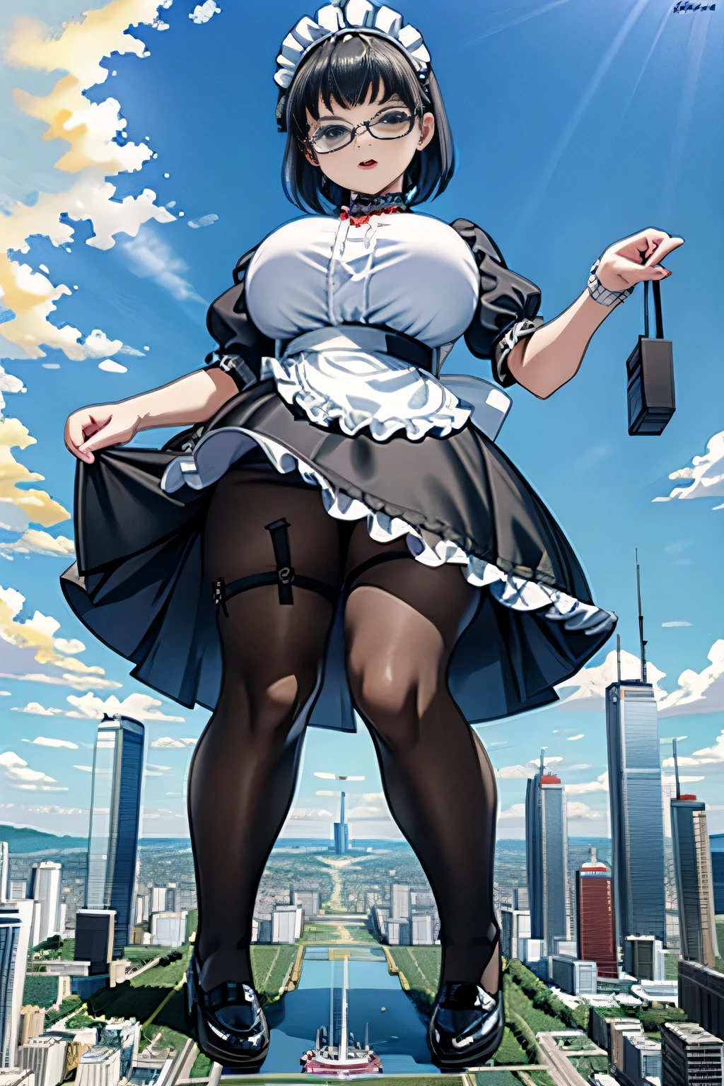Giantの芸術, 非常に詳細なGiantショット, Giant, short hair, black pantyhose, A maid that is much bigger than a skyscraper, wearing rimless glasses, big breasts, big ass, navy maid uniform, black pantyhose, black shoes, very small metropolis, miniature metropolis, full body description, GTS, ギガGiant, Stomping City, crash city, Small town, micro city, maid, city planning,