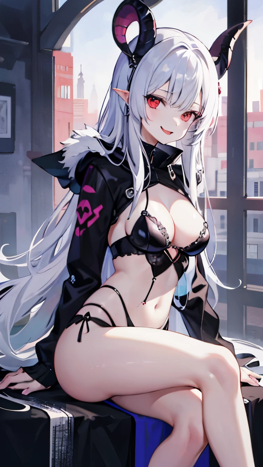 pale skin,dark风,wearing leg rings,long white hair,black eye shadow,red eyes,Abstinence,dark,goat horn,sickle,grim Reaper,sitting,succubus,Open the legs,Smile,Sticking out tongue,Battle damage,Broken clothes,camel toe
,puppy